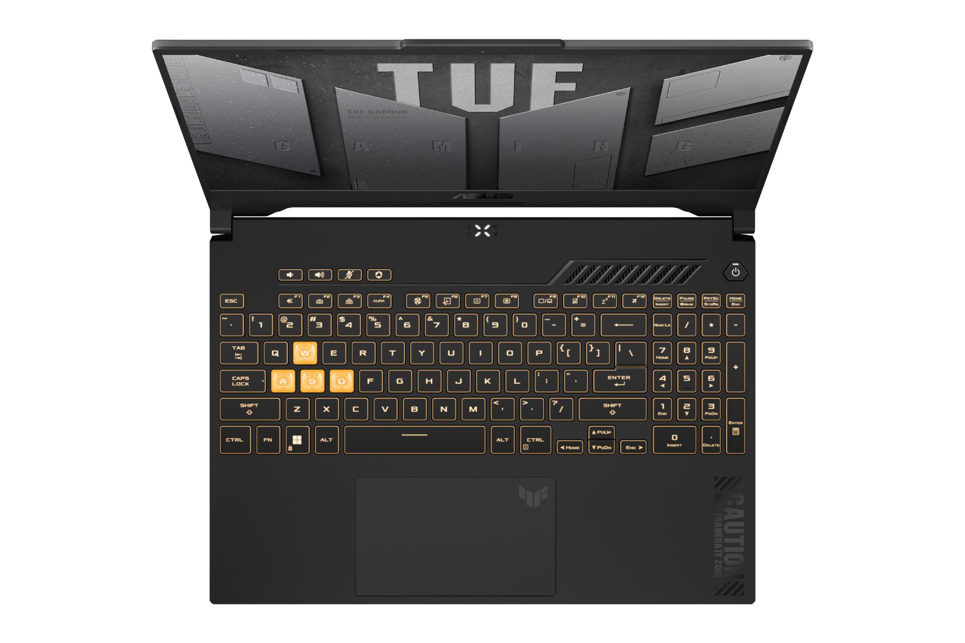 نمای بالای لپ تاپ TUF Gaming F15 FX507VV ایسوس با نمایش ترک پد، نورپردازی کیبورد و حفره های اسپیکر