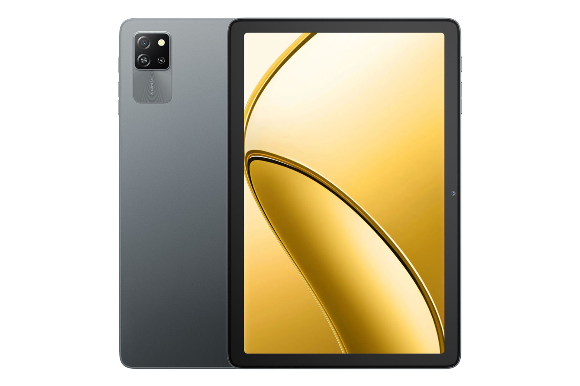 نمای کلی تبلت تب 60 WiFi بلک ویو / Blackview Tab 60 WiFi با نمایشگر روشن و نمایش دوربین پنل پشت رنگ خاکستری