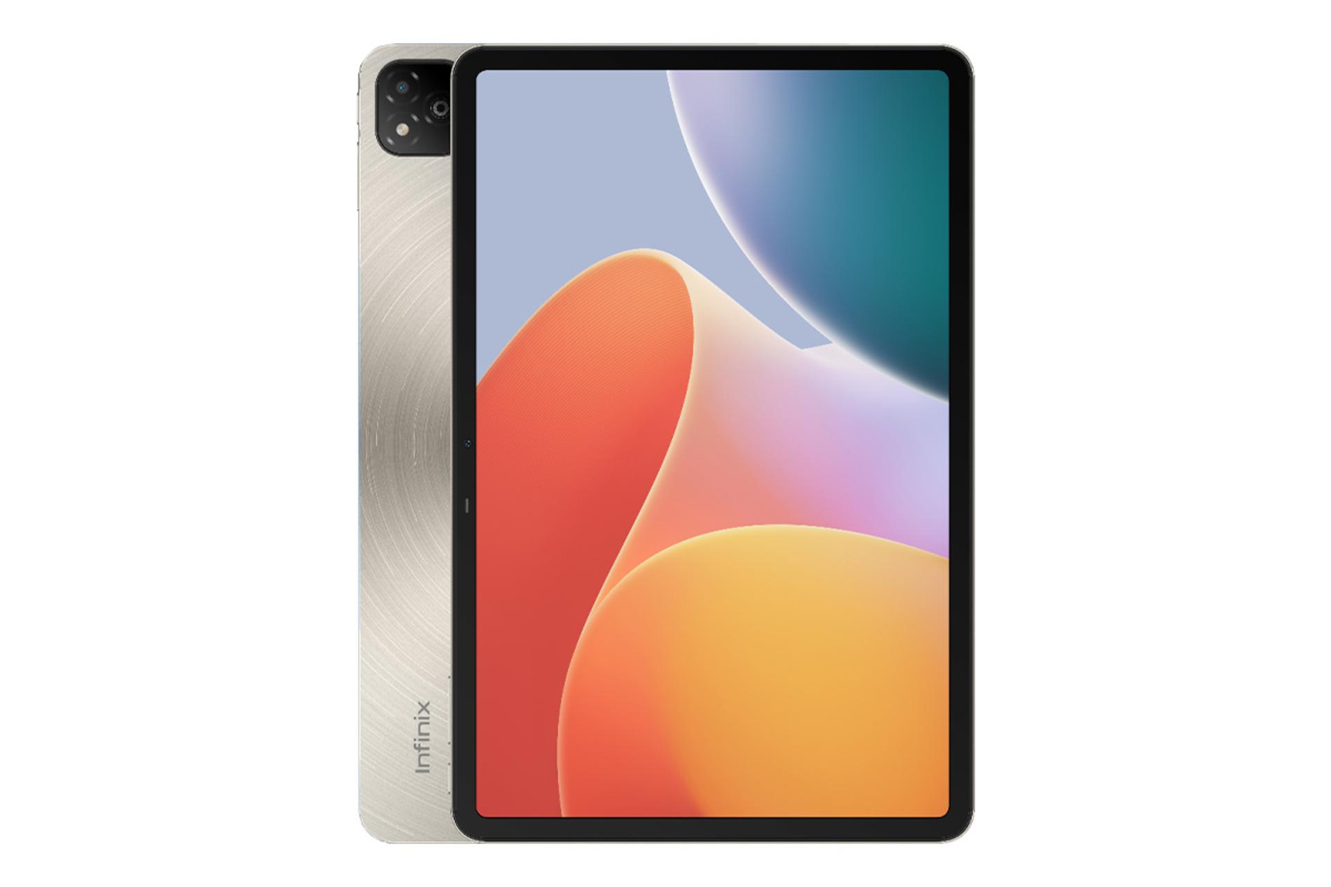 نمای کلی تبلت XPAD اینفینیکس / Infinix XPAD با نمایشگر روشن و نمایش دوربین لوگوی پنل پشت رنگ طلایی