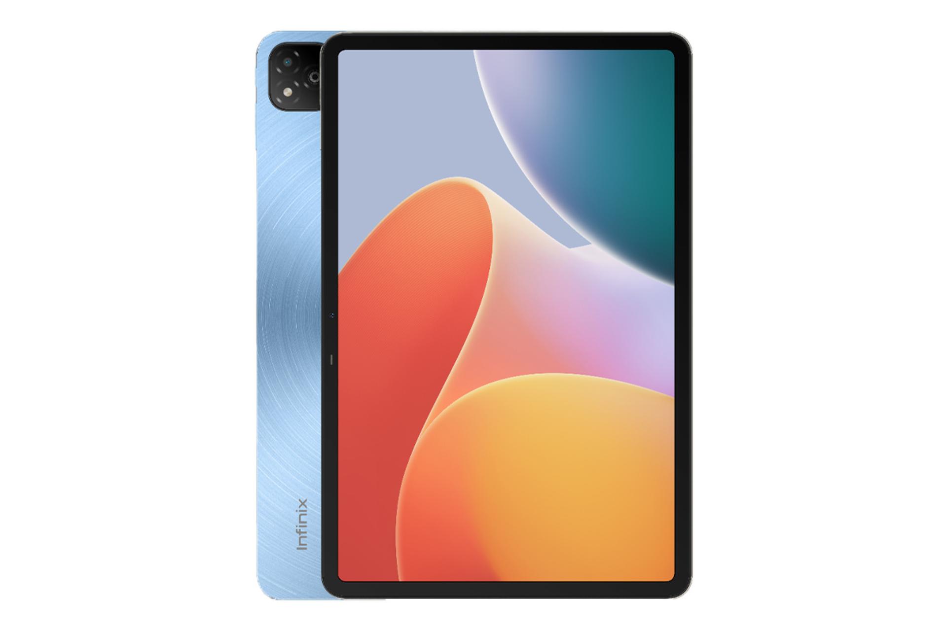 نمای کلی تبلت XPAD اینفینیکس / Infinix XPAD با نمایشگر روشن و نمایش دوربین لوگوی پنل پشت رنگ آبی