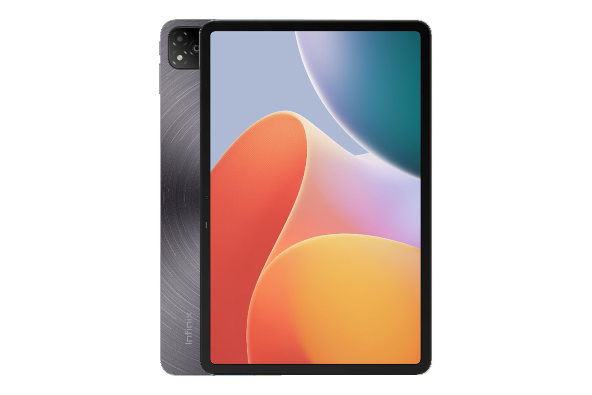 نمای کلی تبلت XPAD اینفینیکس / Infinix XPAD با نمایشگر روشن و نمایش دوربین لوگوی پنل پشت رنگ خاکستری