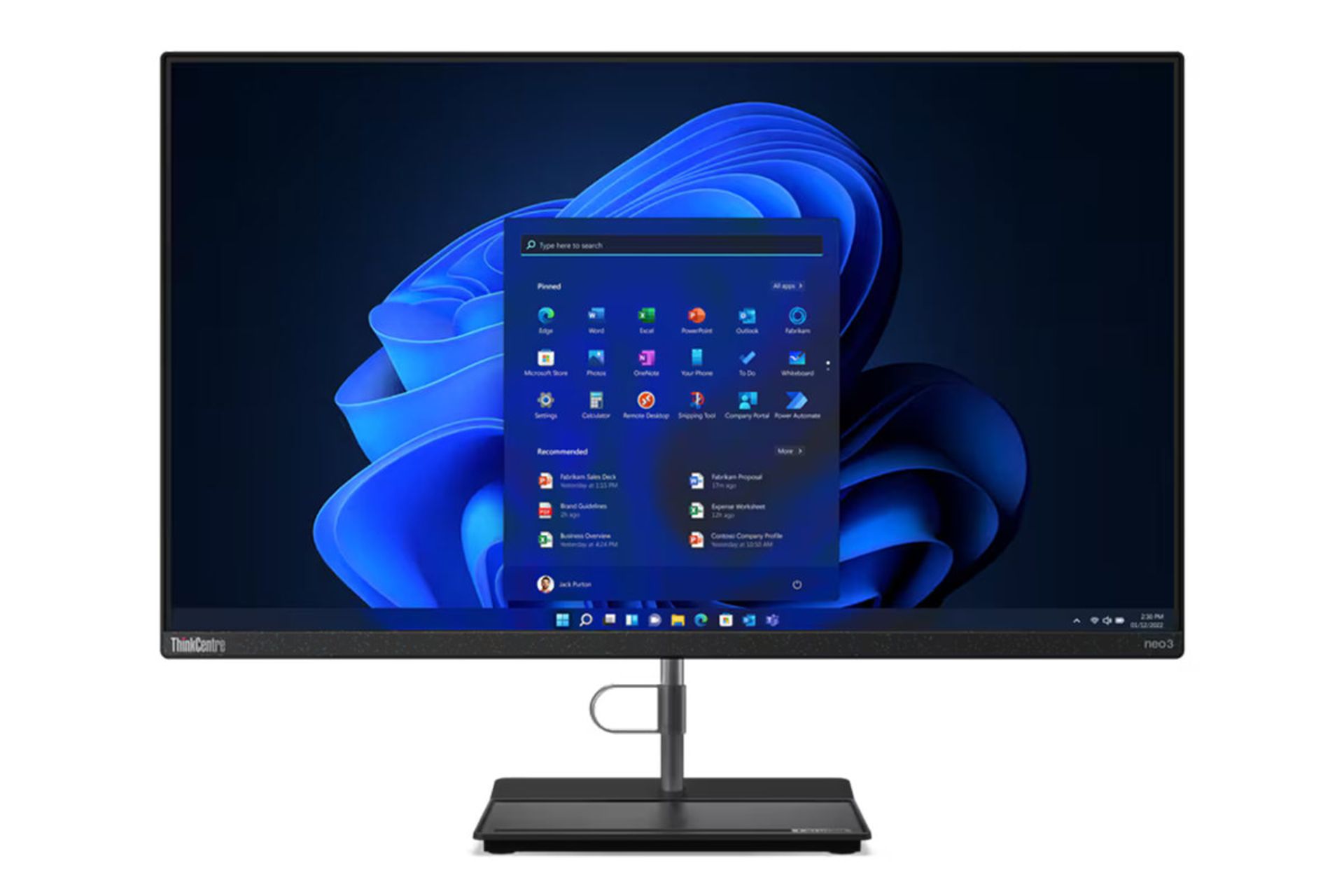 نمای رو به روی کامپیوتر همه کاره ThinkCentre neo 30a 27 لنوو با نمایشگر روشن و نمایش پایه