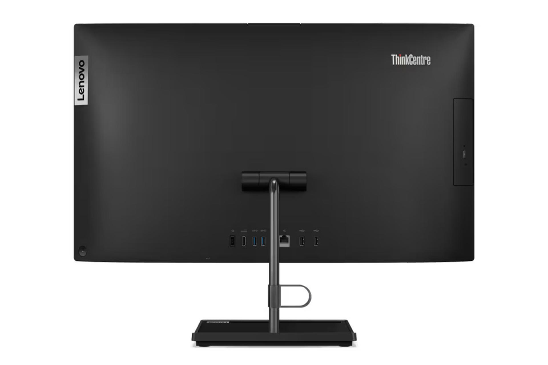 نمای پنل پشت کامپیوتر همه کاره ThinkCentre neo 30a 27 لنوو با نمایش لوگو، درگاه ها و پایه دستگاه