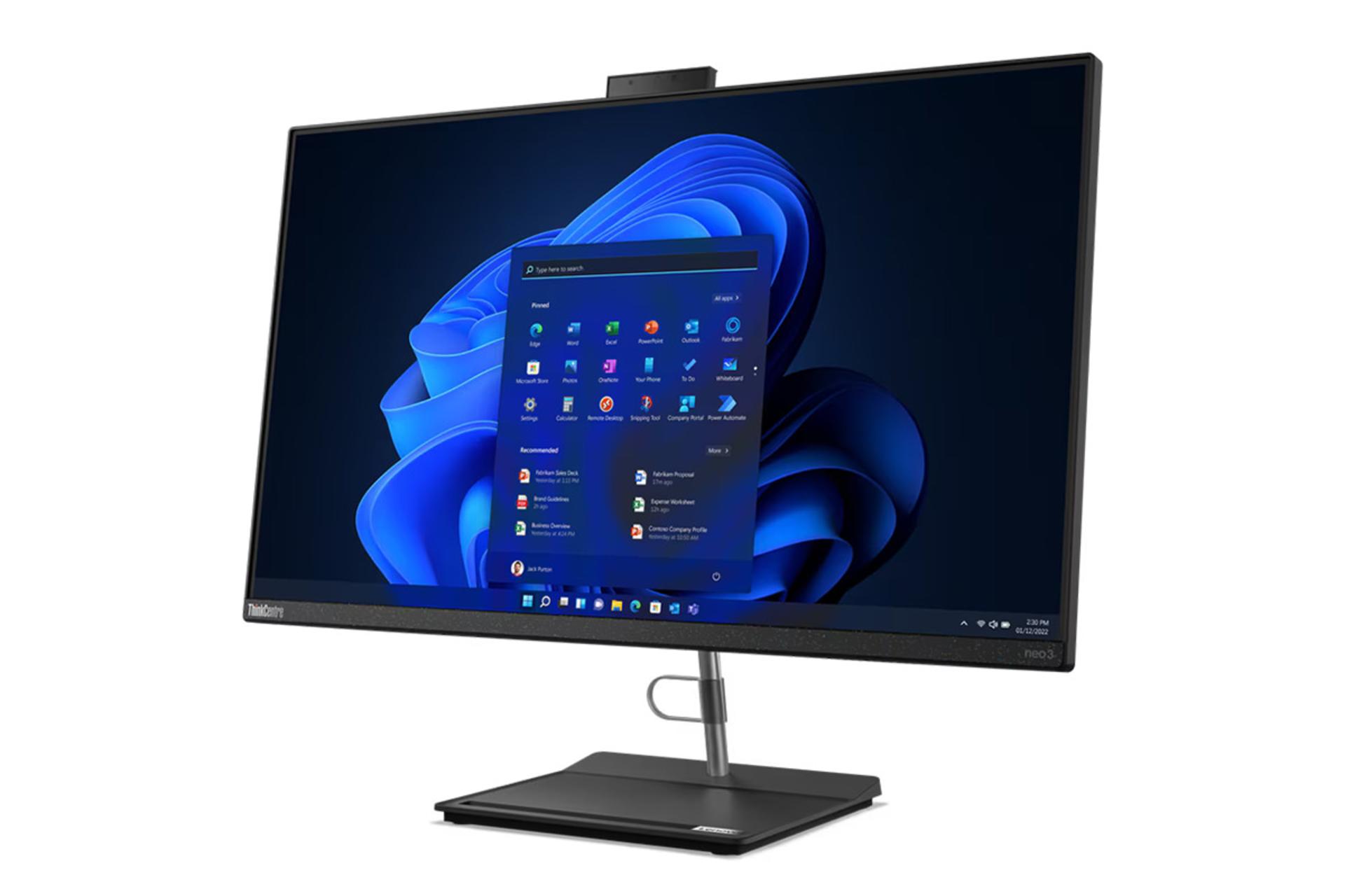 نمای نیمرخ کامپیوتر همه کاره ThinkCentre neo 30a 27 لنوو با نمایش لبه سمت راست و وبکم پاپ‌آپ