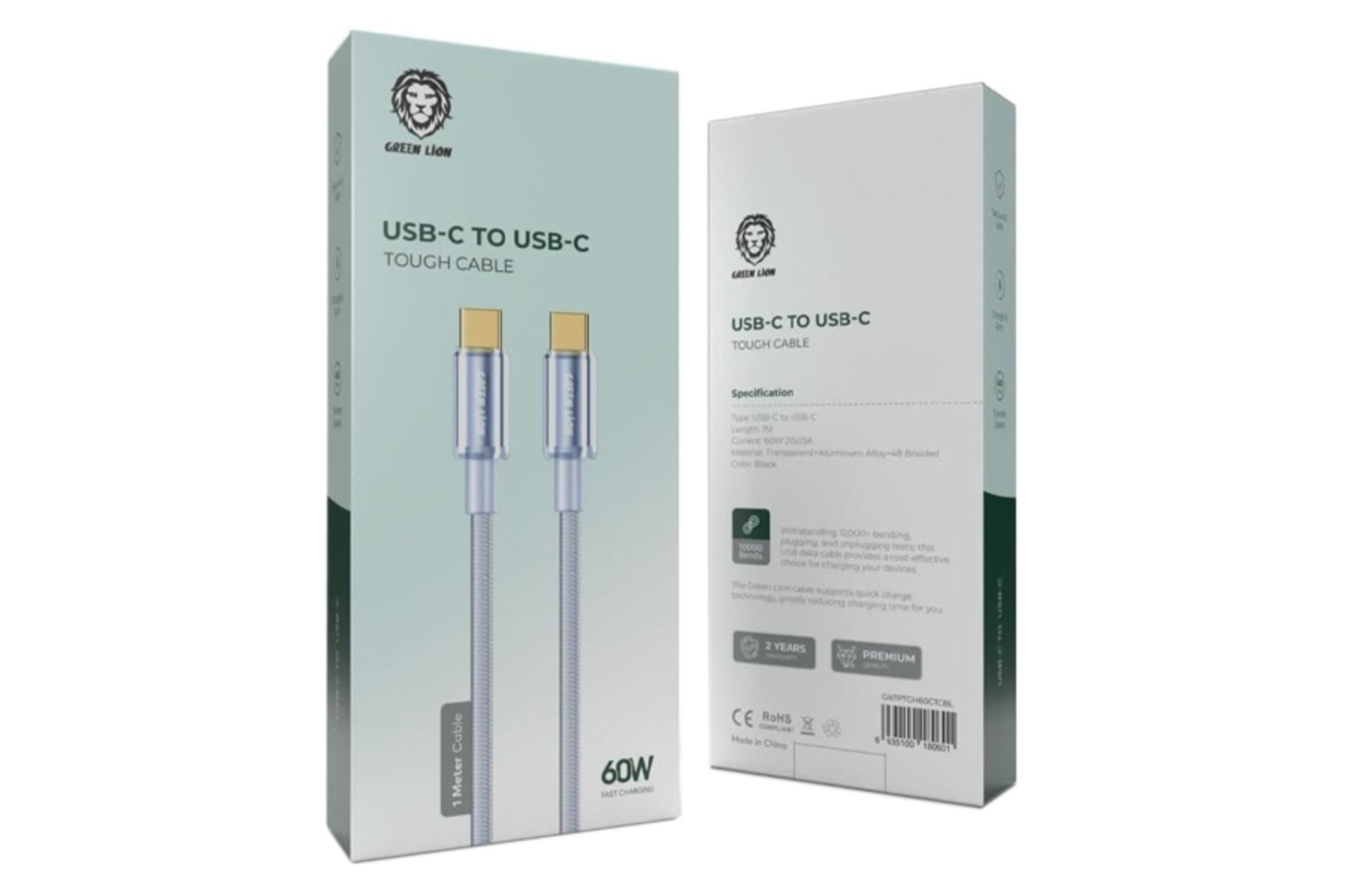 جعبه کابل شارژ USB گرین لیون Type-C به Type-C مدل Touch Cable با طول 1 متر