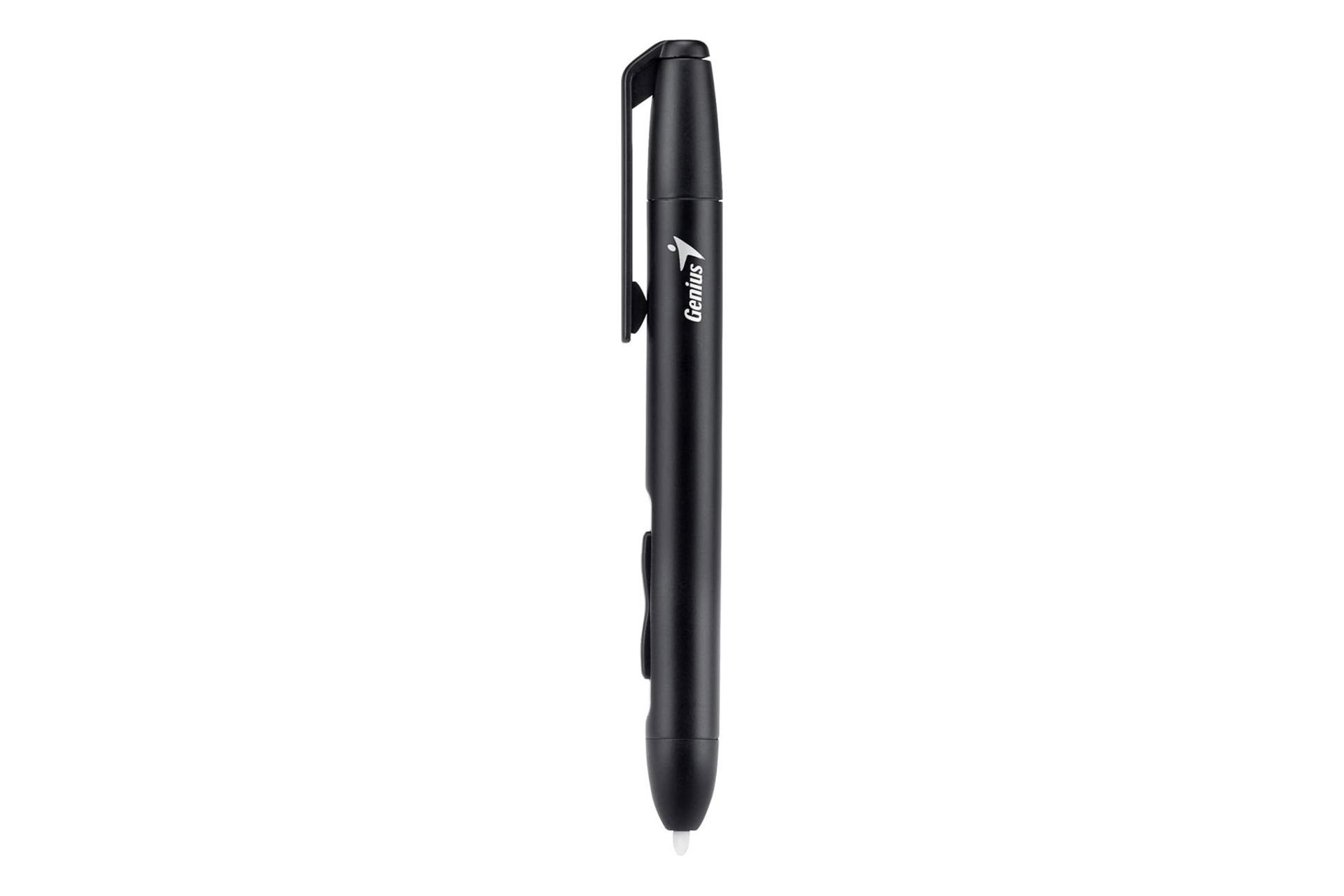 نمای کناری قلم همراه قلم نوری جنیوس EasyPen i405X با نمایش ضخامت قلم و گیره نگهدارنده