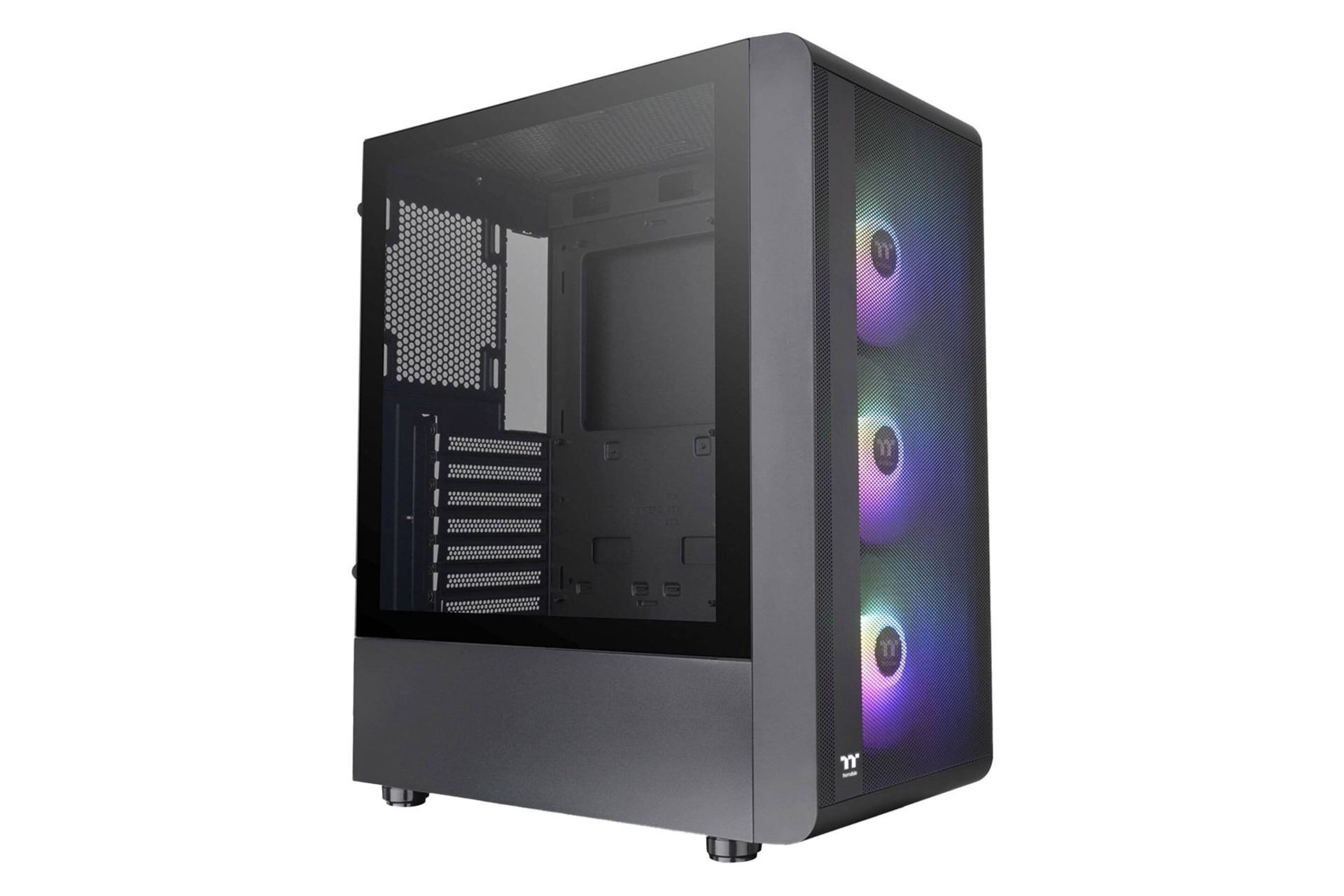 نمای نیمرخ کیس کامپیوتر ترمالتیک S200 TG ARGB با نمایش پنل جلو و سمت چپ رنگ مشکی