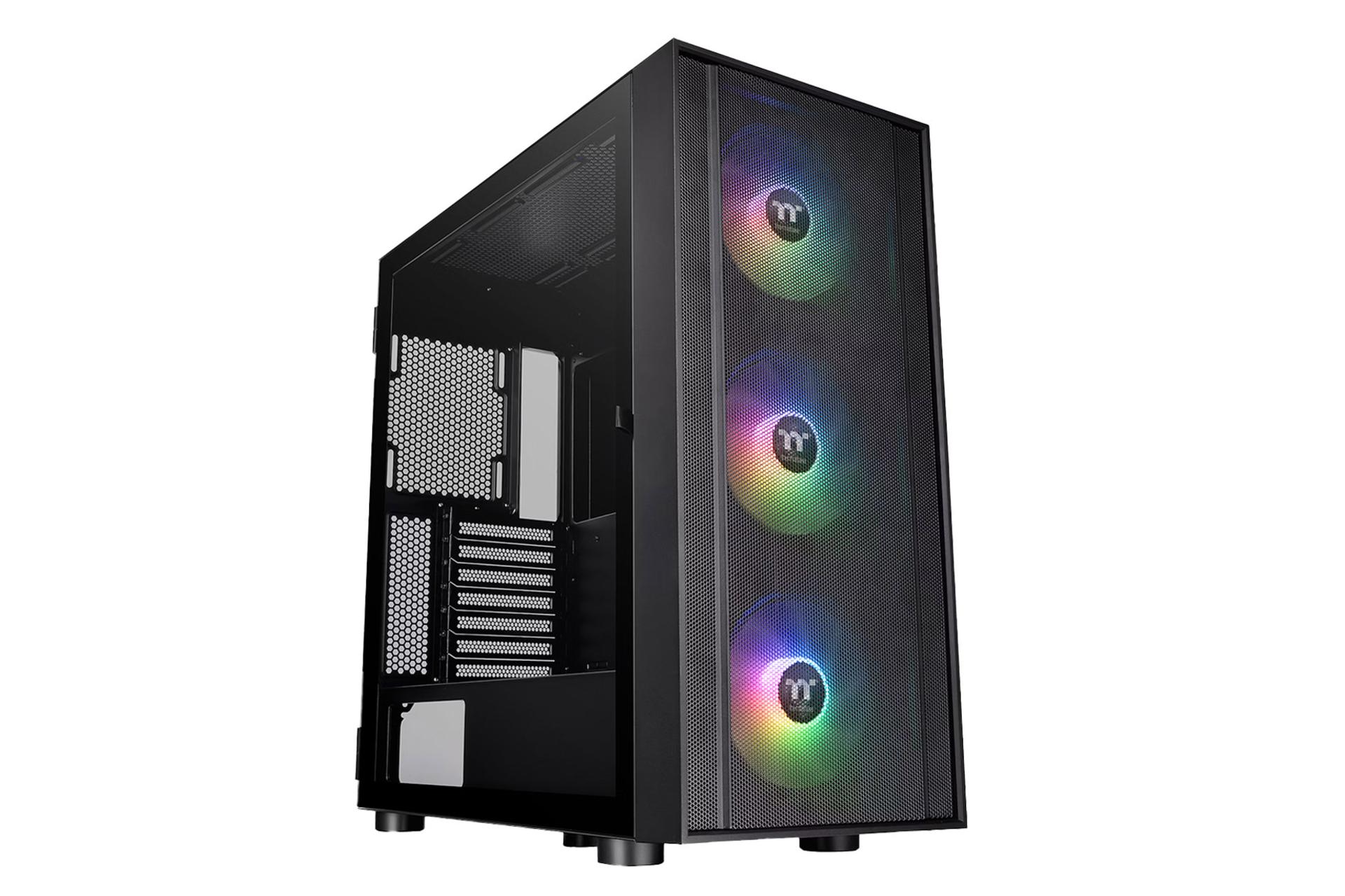 نمای نیمرخ کیس کامپیوتر ترمالتیک H570 TG ARGB با نمایش پنل جلو و سمت چپ رنگ مشکی