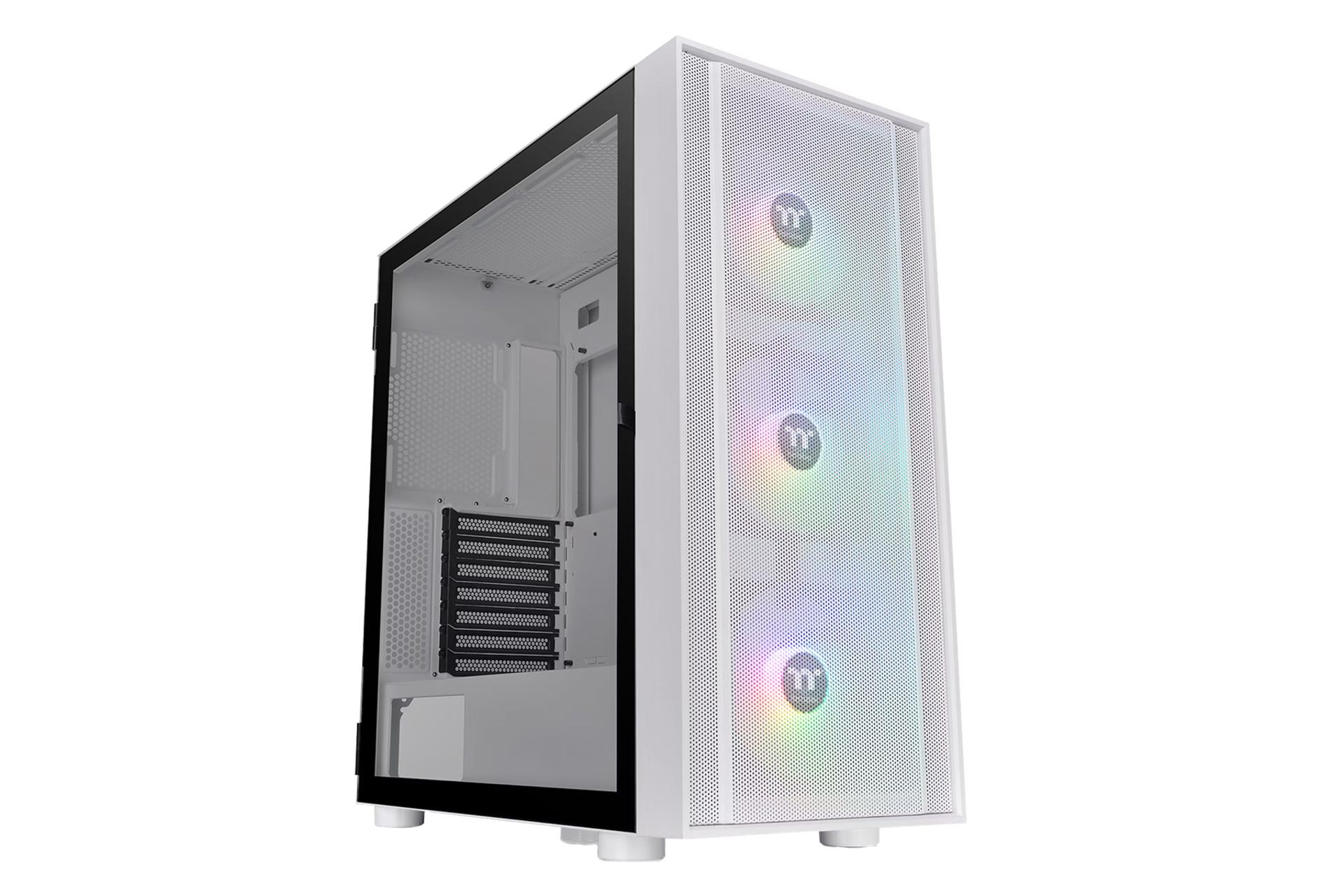 نمای نیمرخ کیس کامپیوتر ترمالتیک H570 TG ARGB با نمایش پنل جلو و سمت چپ رنگ سفید