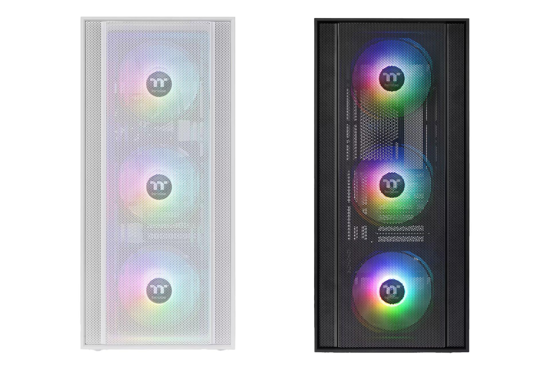 نمای رو به وری کیس کامپیوتر ترمالتیک H570 TG ARGB با نمایش پنل جلو و فن ها رنگ های مشکی و سفید