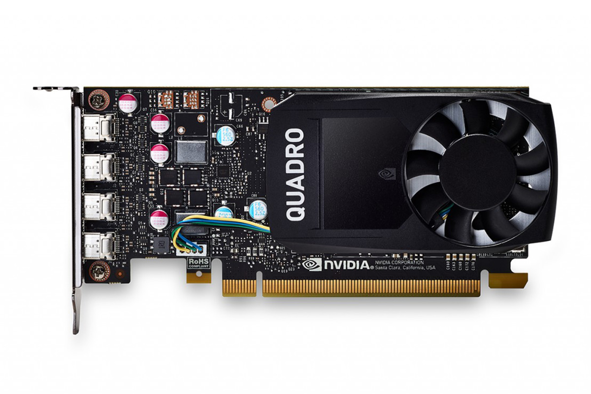 نمای رو به روی کارت گرافیک انویدیا Quadro P600 با نمایش فن و لوگو