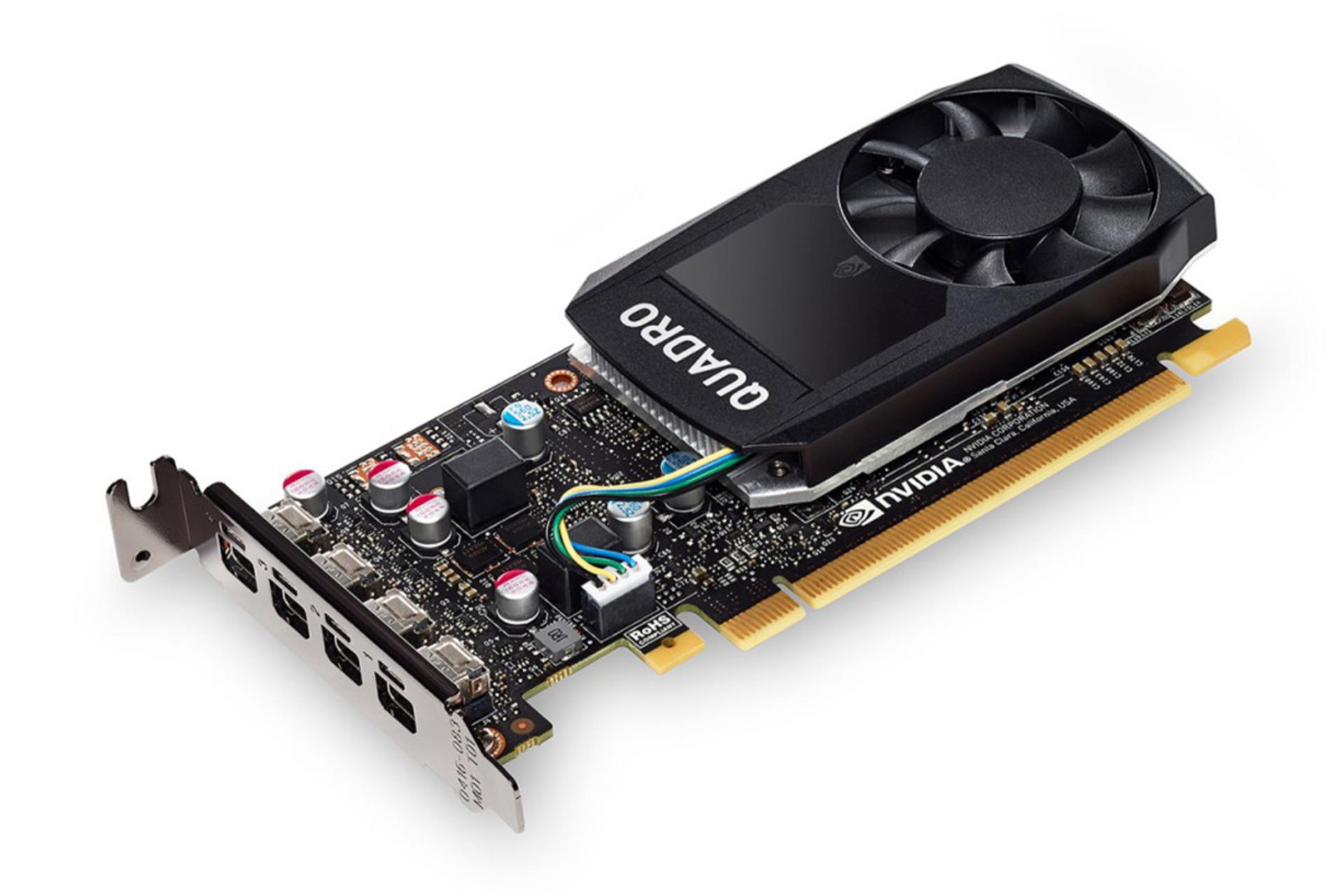 نمای نیمرخ کارت گرافیک انویدیا Quadro P600 با نمایش کانکتور PCIe، هیت سینک و کانکتور