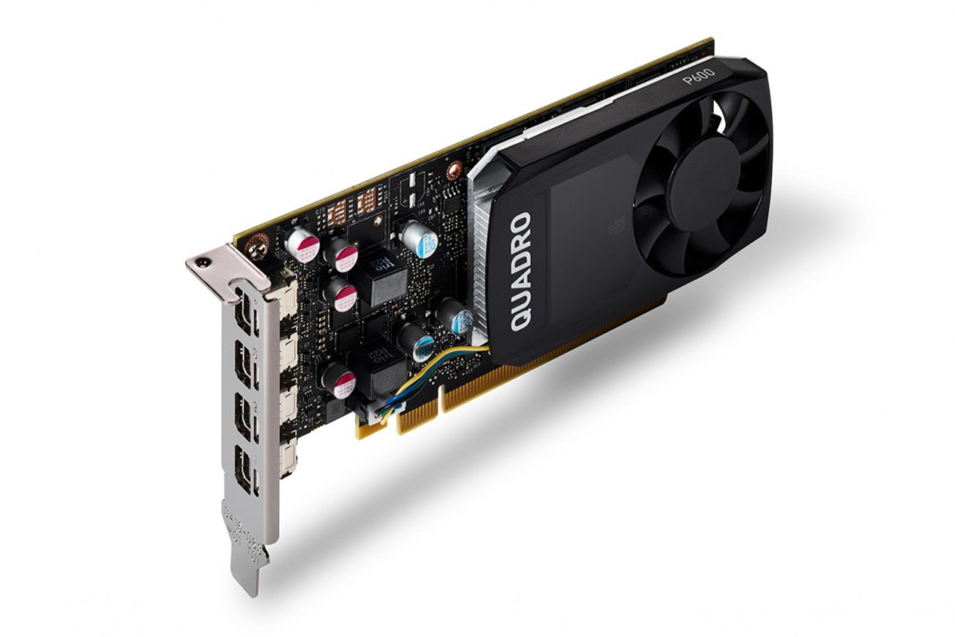 نمای نیمرخ کارت گرافیک انویدیا Quadro P600 با نمایش براکت پشت لبه جلویی