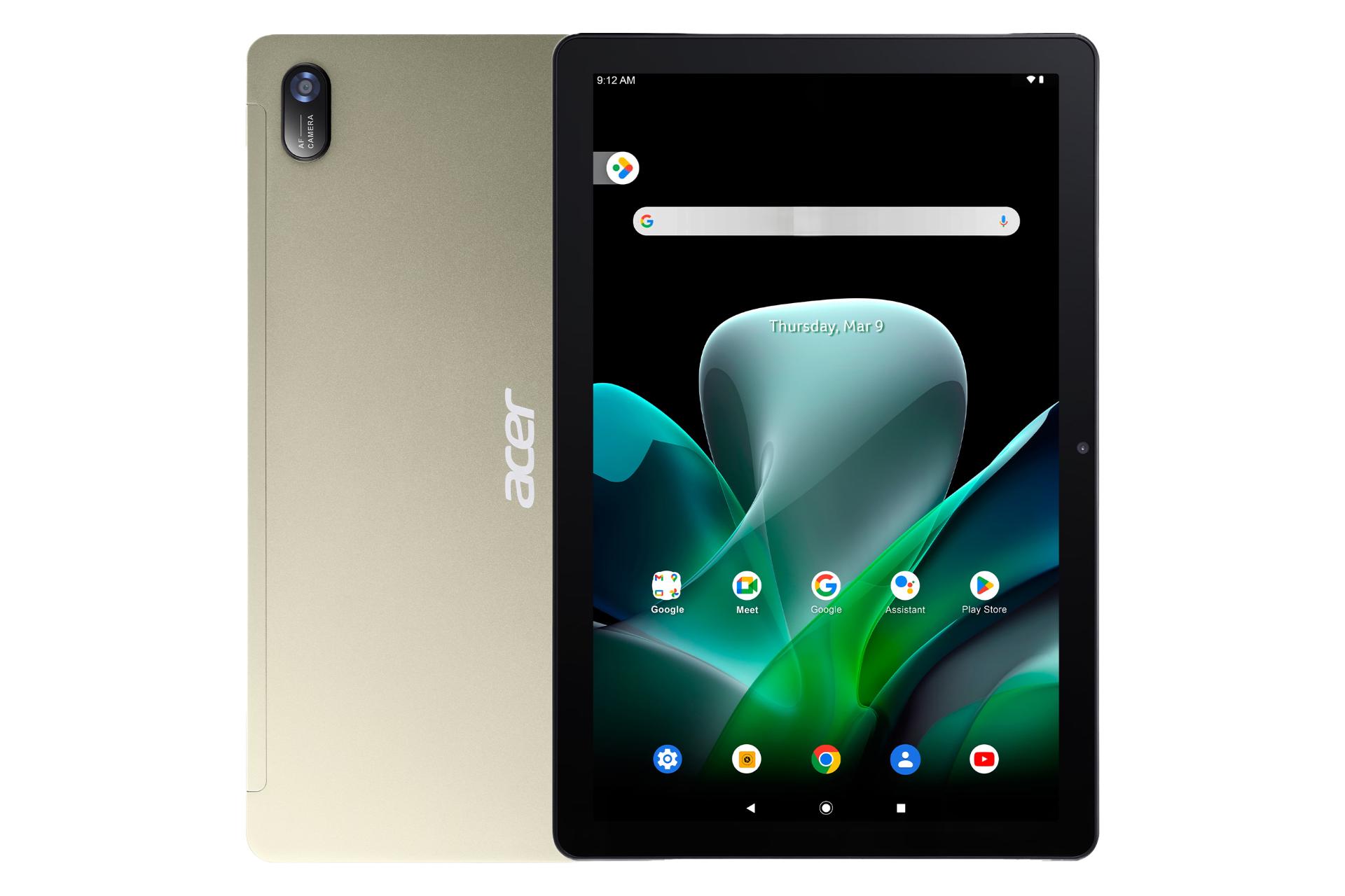 نمای کلی تبلت Iconia Tab M10 ایسر / Acer Iconia Tab M10 با نمایشگر روشن و نمایش دوربین و لوگوی پنل پشت