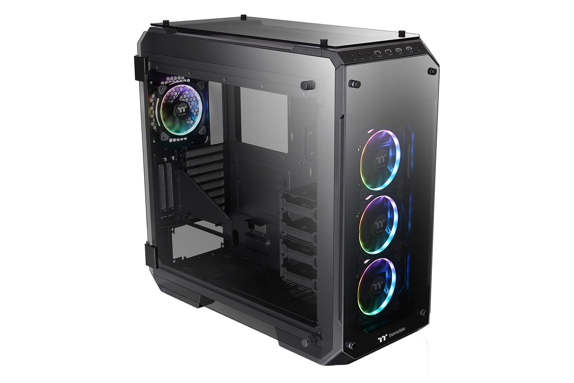 نمای نیمرخ کیس کامپیوتر ترمالتیک View 71 Tempered Glass RGB Plus Edition با نمایش پنل جلو و سمت چپ