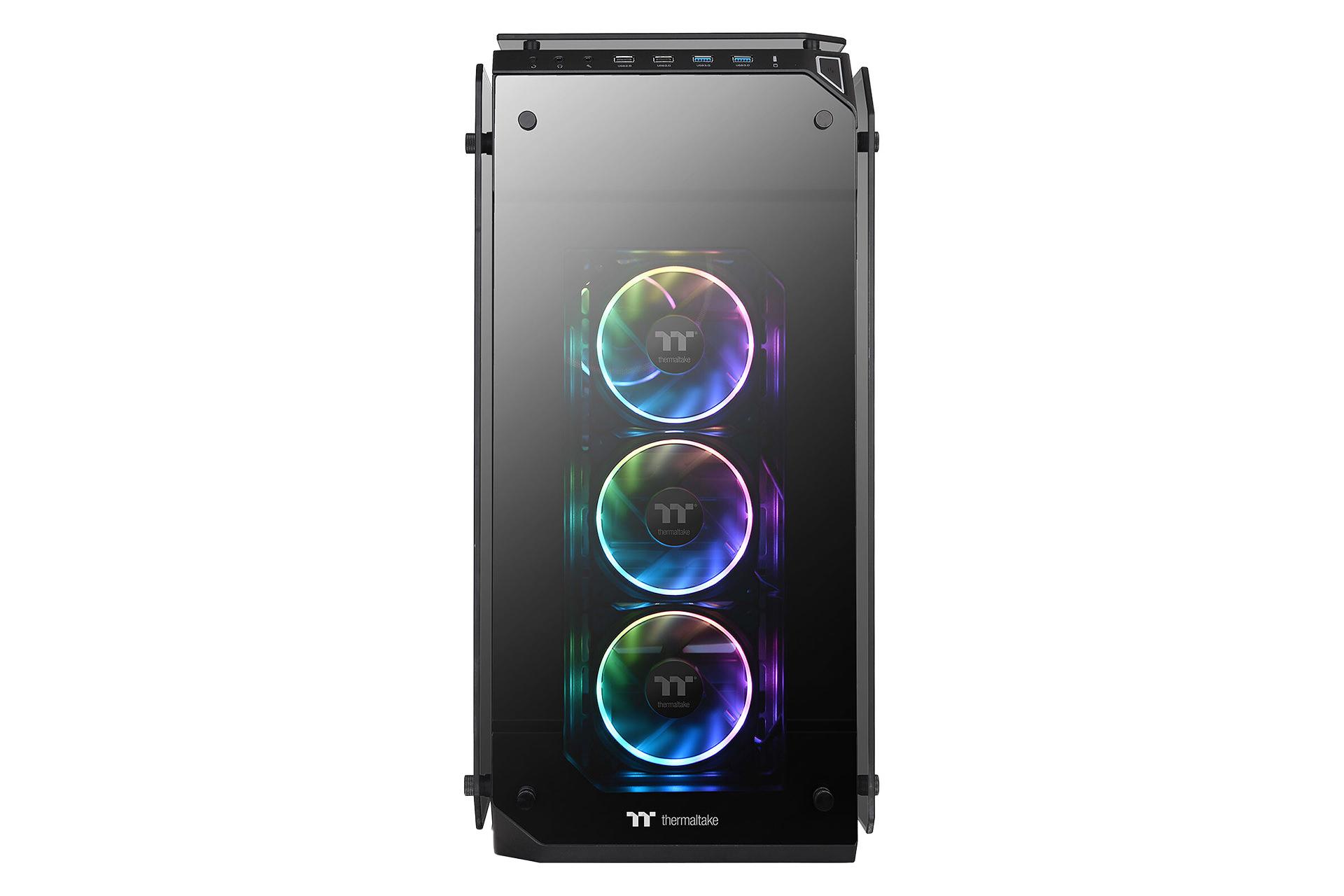 نمای رو به روی کیس کامپیوتر ترمالتیک View 71 Tempered Glass RGB Plus Edition با نمایش لوگو و فن های پنل جلو
