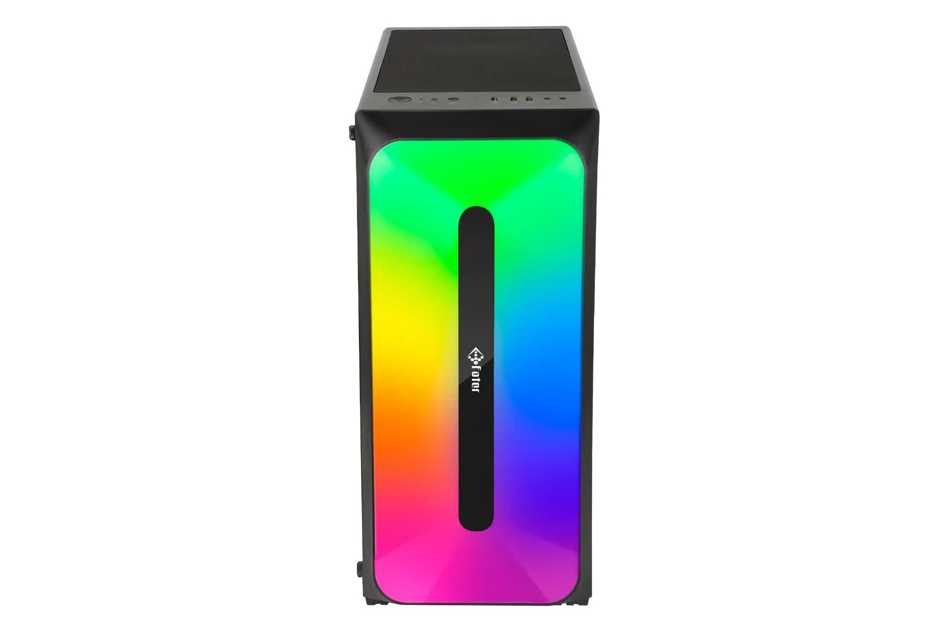 نمای رو به روی کیس کامپیوتر فاطر FG-530B با نمایش نورپردازی و لوگوی پنل جلو و دکمه و درگاه های پنل بالا