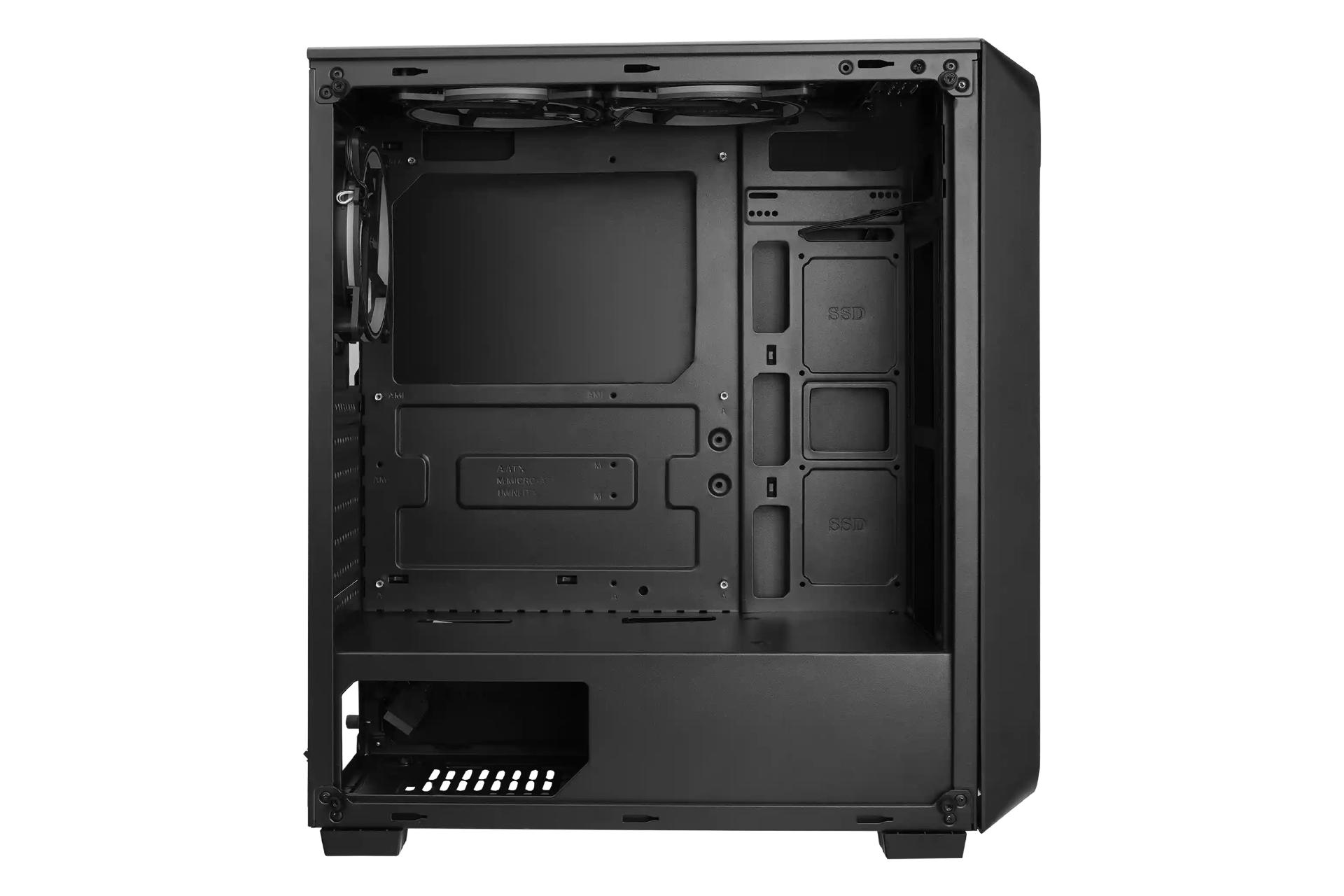 نمای پنل کناری کیس کامپیوتر فاطر FG-530B با نمایش محل نصب مادربرد، پاور و SSD