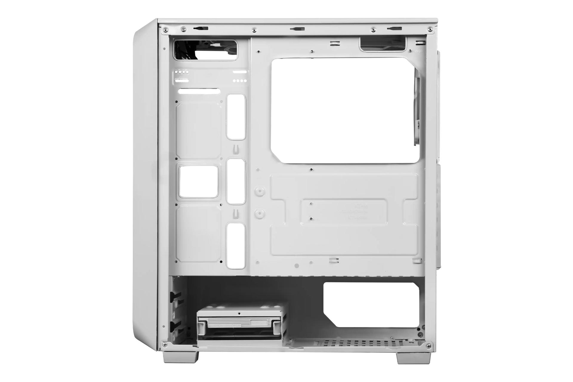 نمای داخلی پنل سمت راست کیس کامپیوتر فاطر FG-530W با نمایش فضای مدیریت کابل، محل نصب پاور و تجهیزات ذخیره سازی
