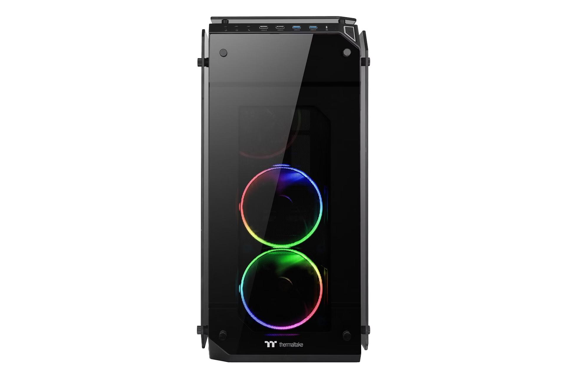 نمای رو به روی کیس کامپیوتر ترمالتیک View 71 Tempered Glass RGB Edition با نمایش پنل لوگو و نورپردازی فن های پنل جلو