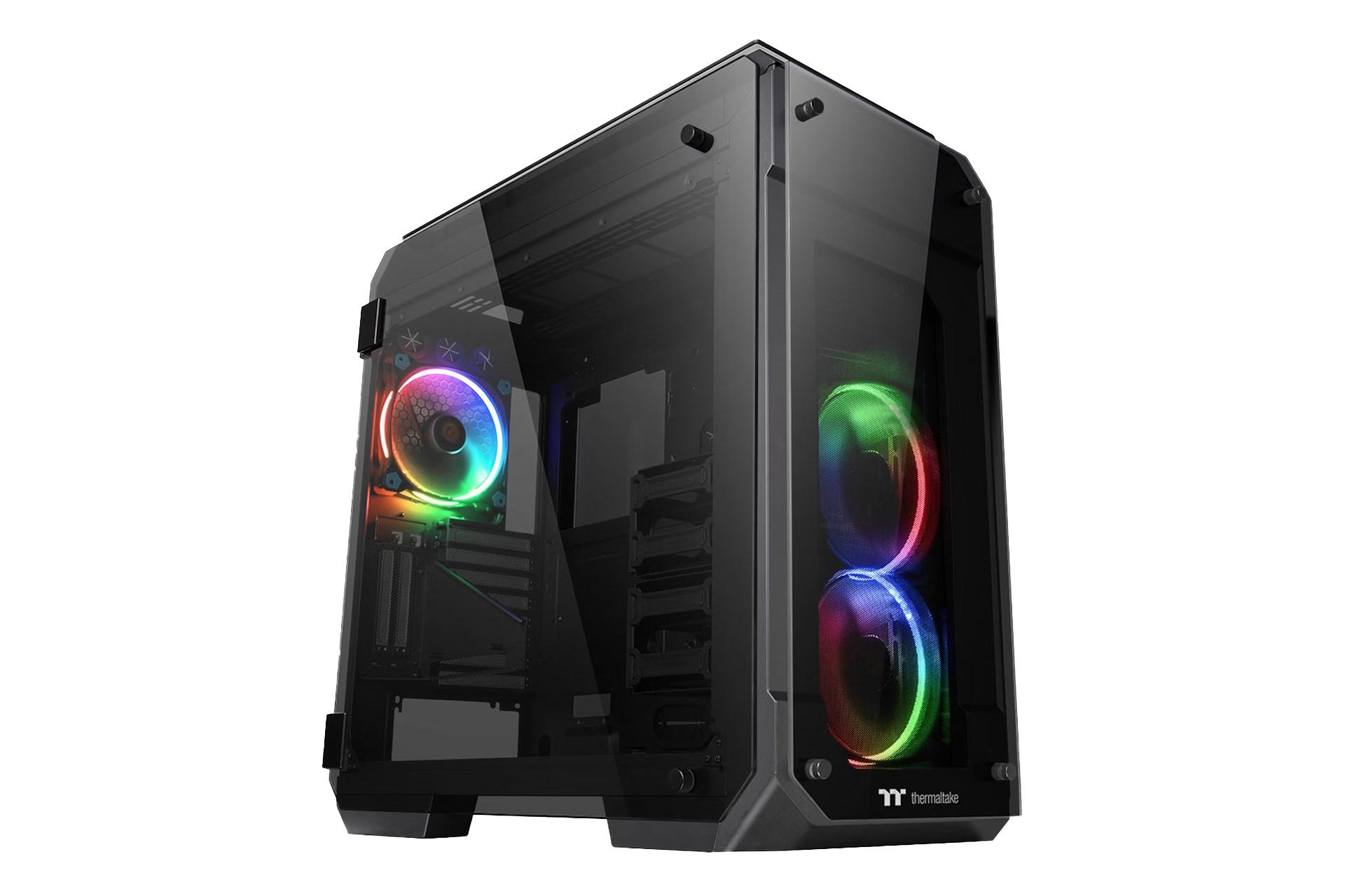 نمای نیمرخ کیس کامپیوتر ترمالتیک View 71 Tempered Glass RGB Edition با نمایش پنل کناری، لوگو و نورپردازی فن های پنل جلو