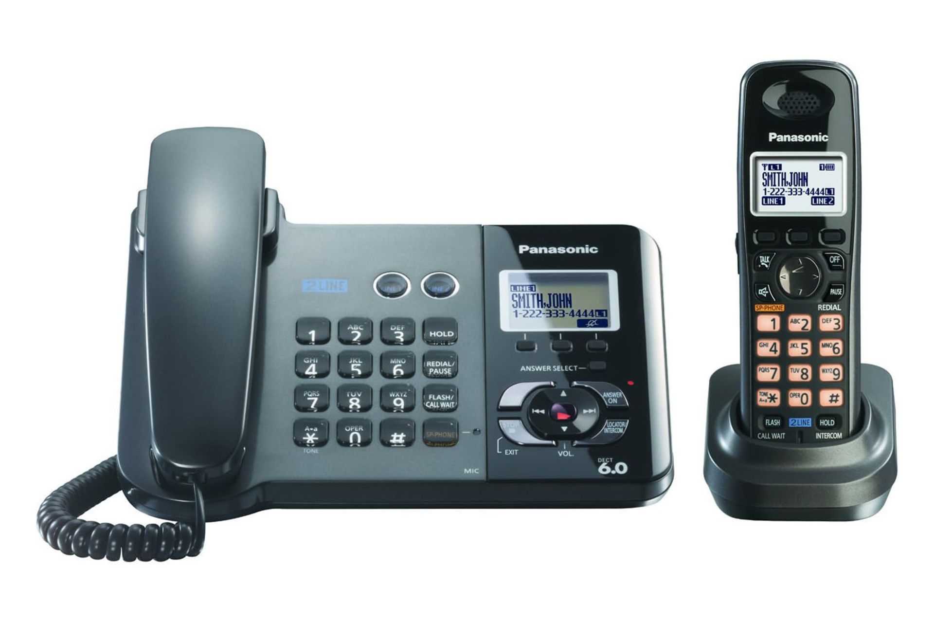 نمای رو به روی تلفن پاناسونیک KX-TG9391T با نمایش پایه مستقل به همراه گوشی بی سیم