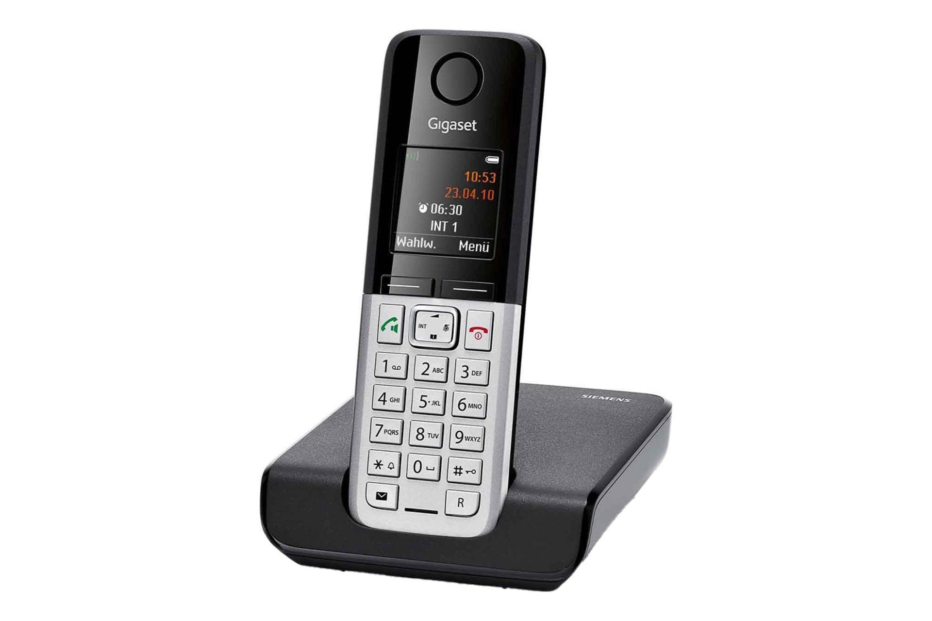 نمای نیمرخ تلفن گیگاست C300 با نمایش لبه سمت راست پایه و گوشی بی سیم