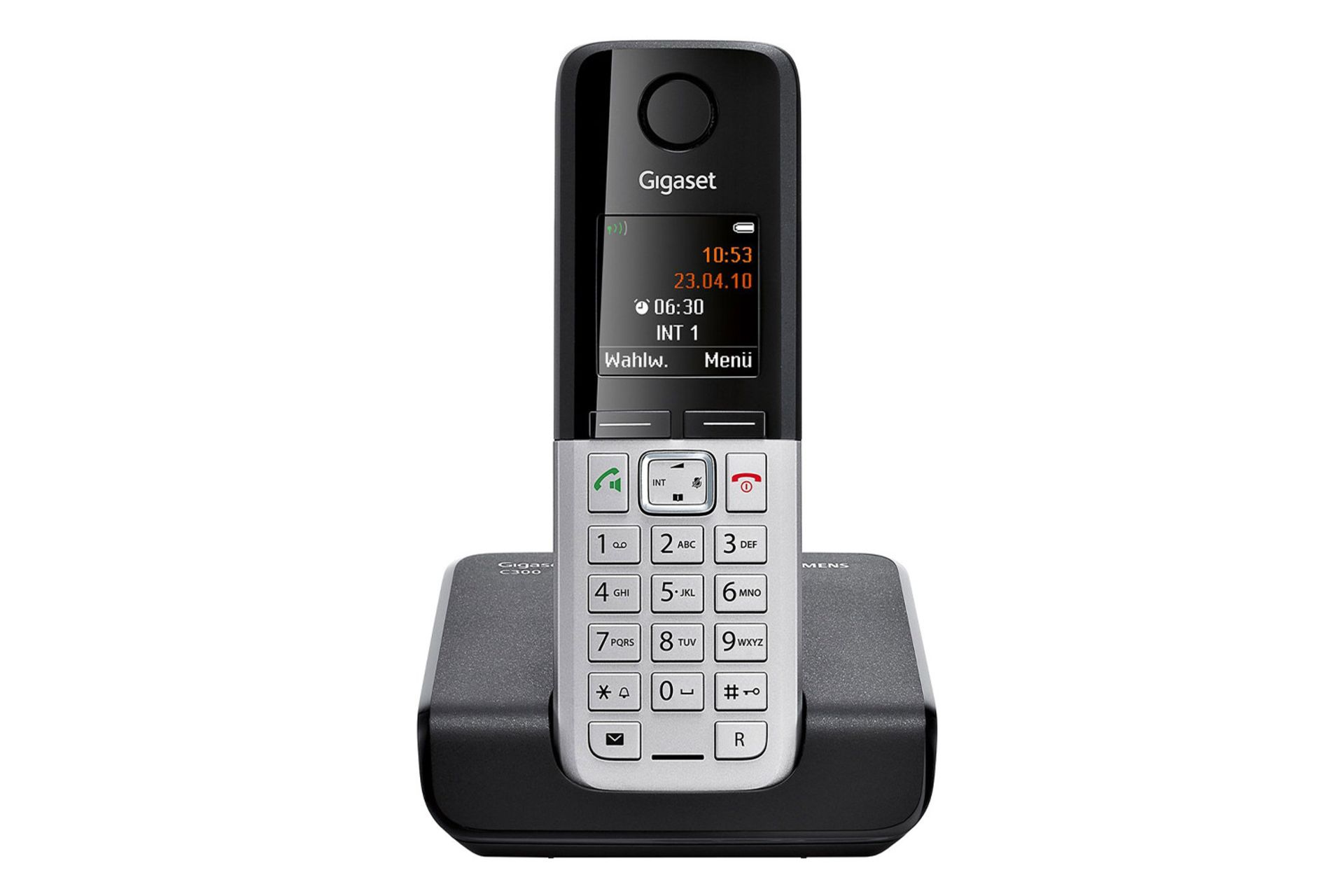 نمای رو به روی تلفن گیگاست C300 با نمایشگر روشن و نمایش پایه