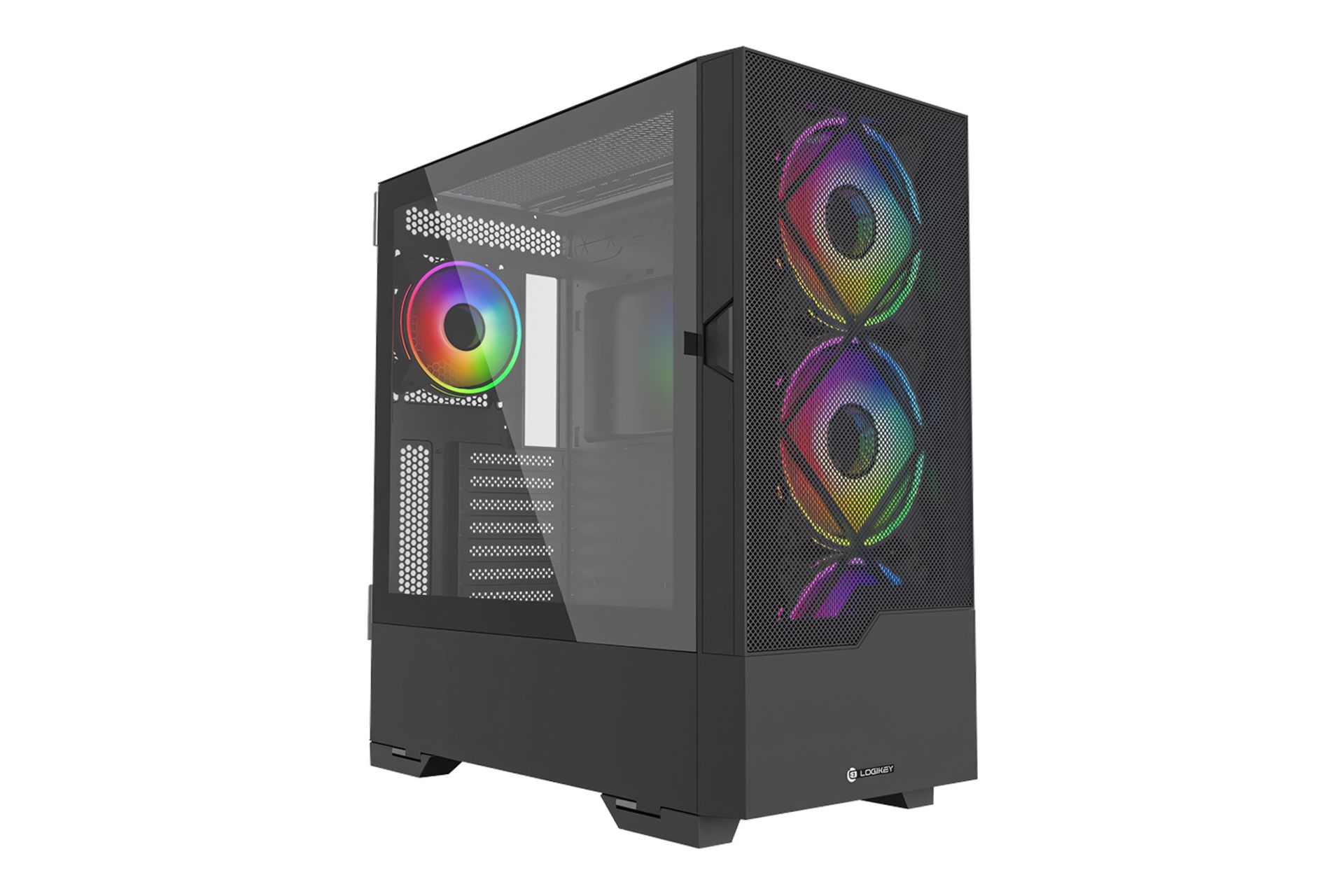 نمای نیمرخ کیس کامپیوتر لاجی کی C554B با نمایش پنل جلو و کناری