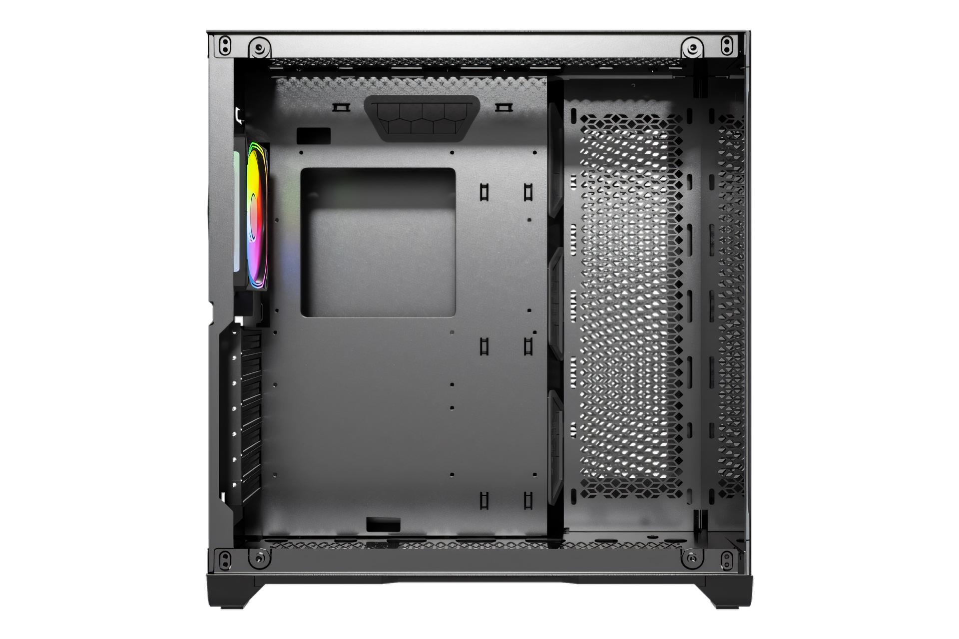 نمای داخلی پنل کناری کیس کامپیوتر لاجی کی C589B با نمایش محل نصب مادربرد و فن های کناری