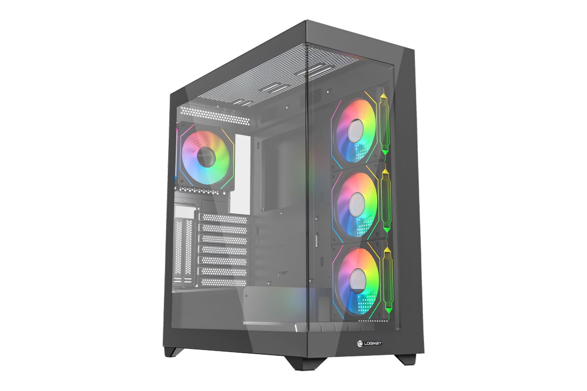 نمای نیمرخ کیس کامپیوتر لاجی کی C544B با نمایش پنل کناری و لوگوی پنل جلو