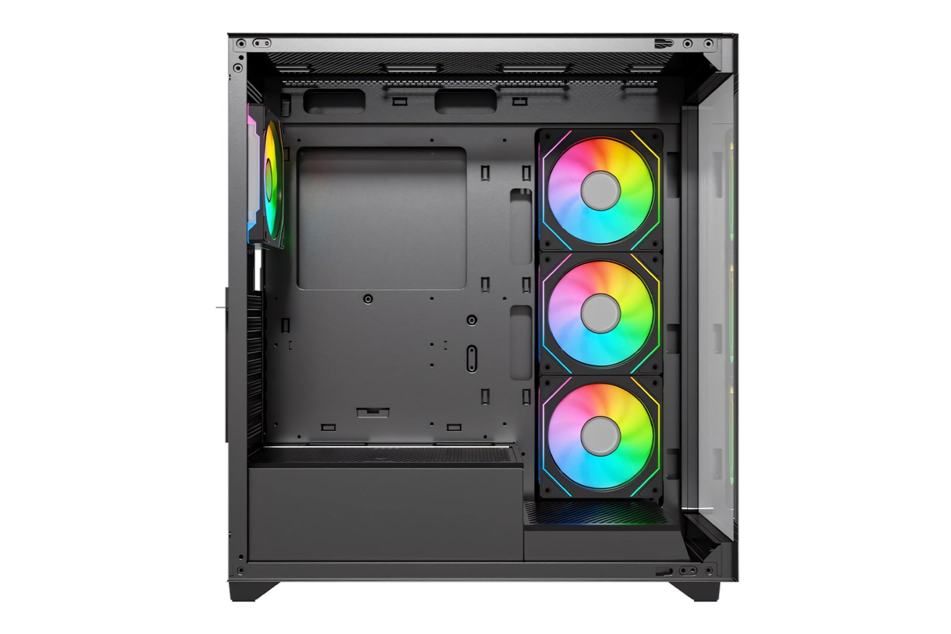 نمای داخلی پنل کناری کیس کامپیوتر لاجی کی C544B با نمایش محل نصب مادربرد و فن های کناری