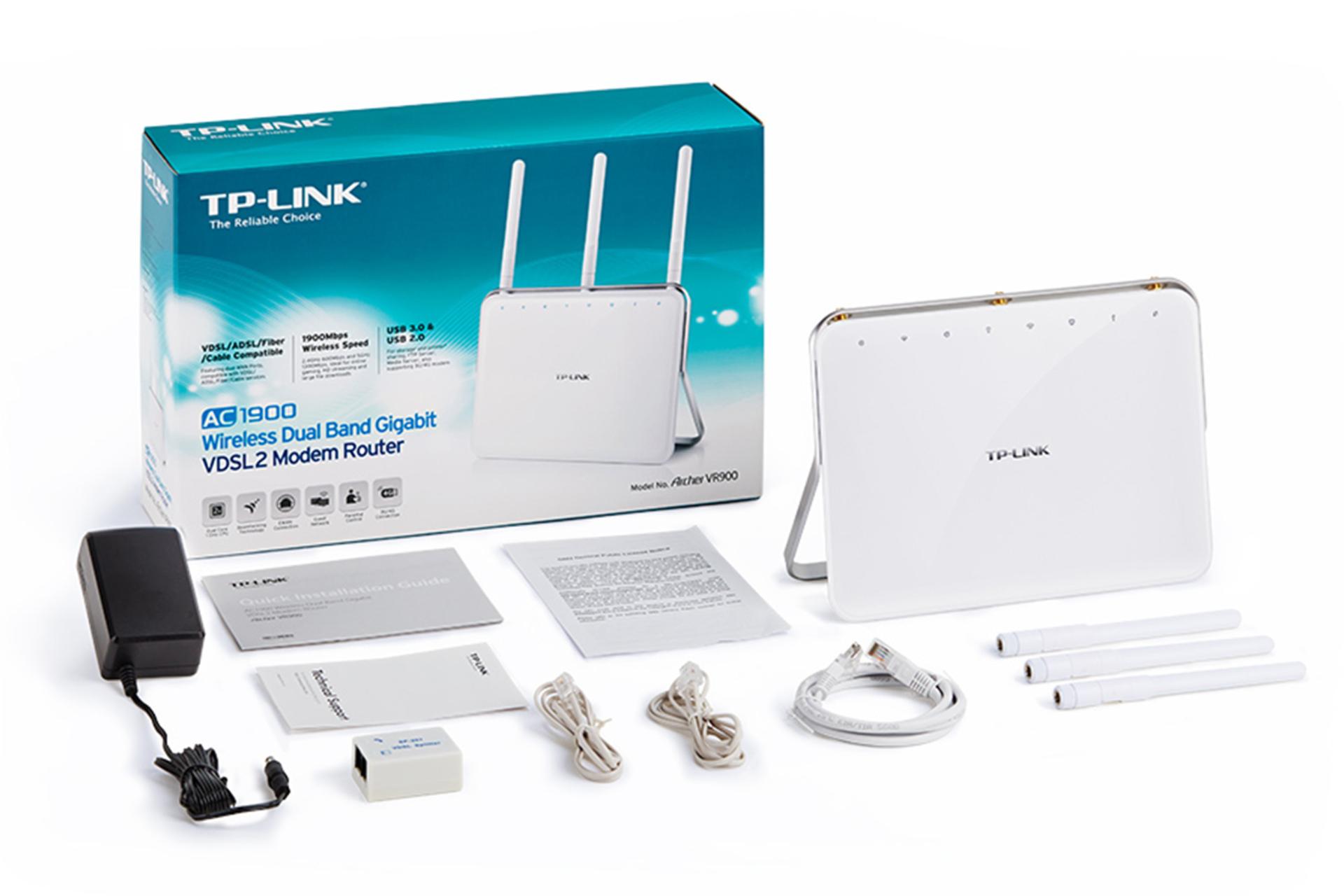 مودم - روتر تی پی لینک TP-Link Archer VR900 با اقلام همراه و جعبه