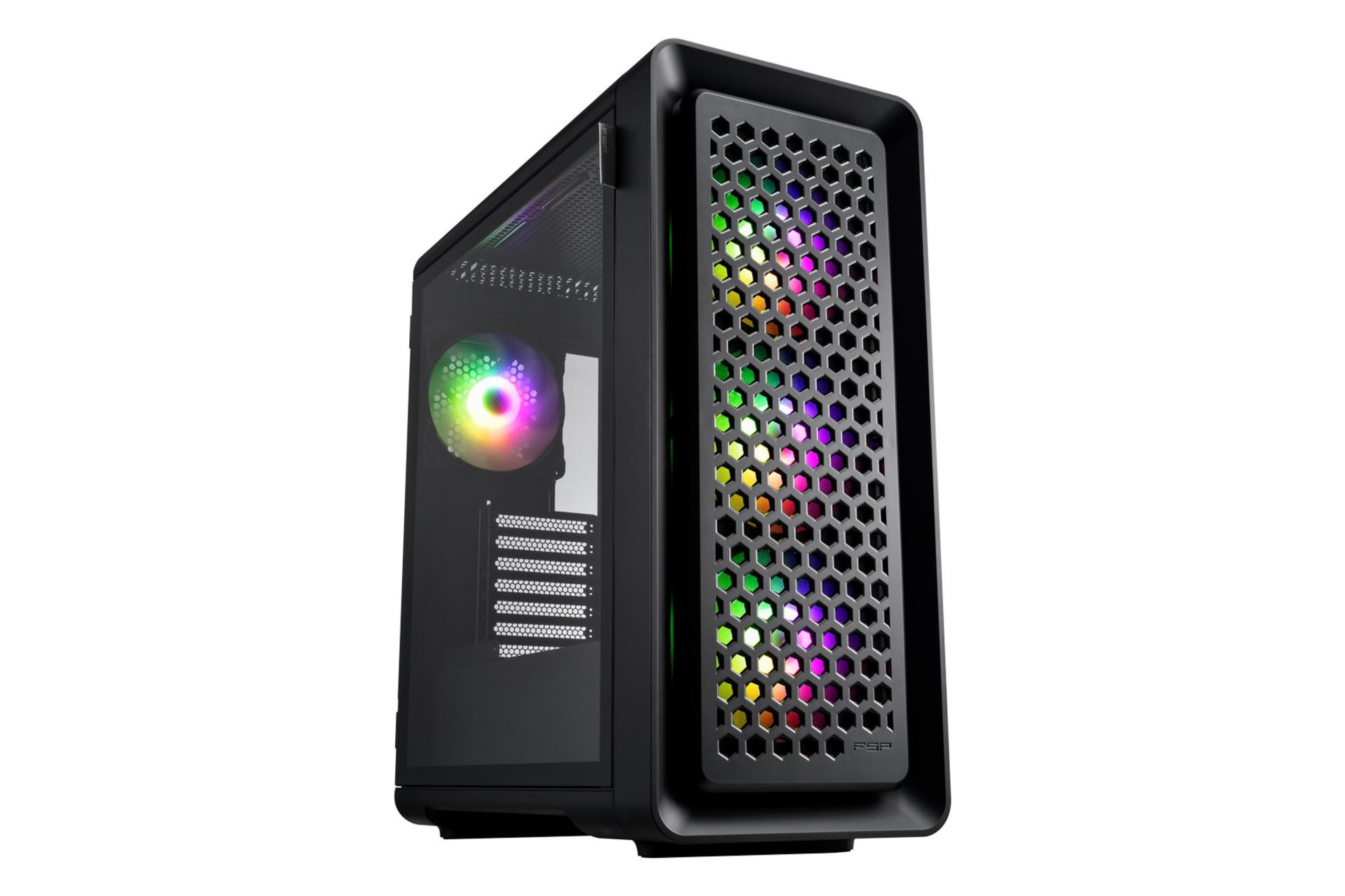 نمای نیمرخ کیس کامپیوتر اف اس پی CUT593P با نمایش پنل جلو و کناری رنگ مشکی