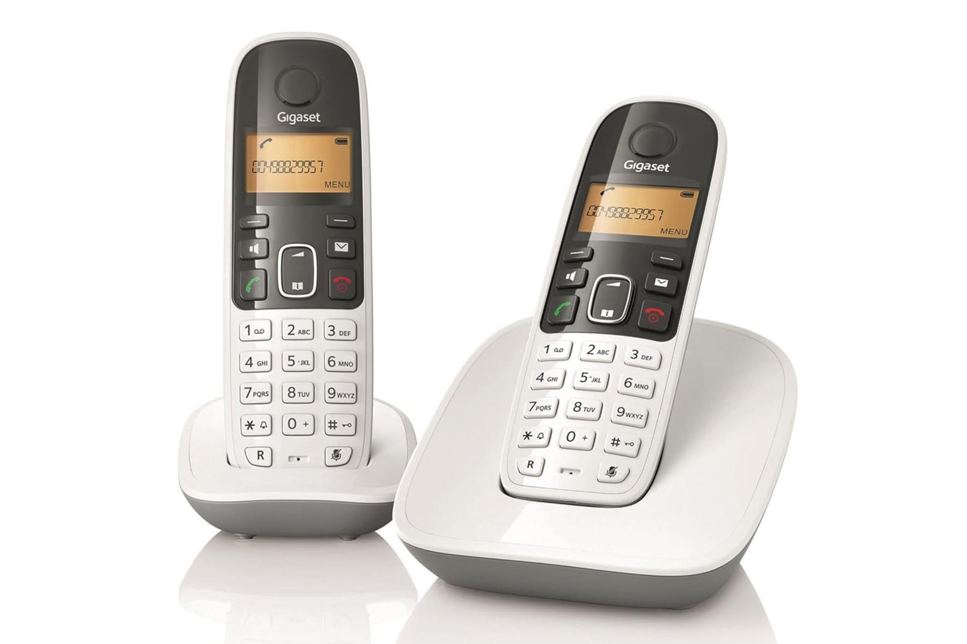 نمای کلی تلفن گیگاست A490 Duo با نمایش پایه و گوشی بی سیم رنگ سفید