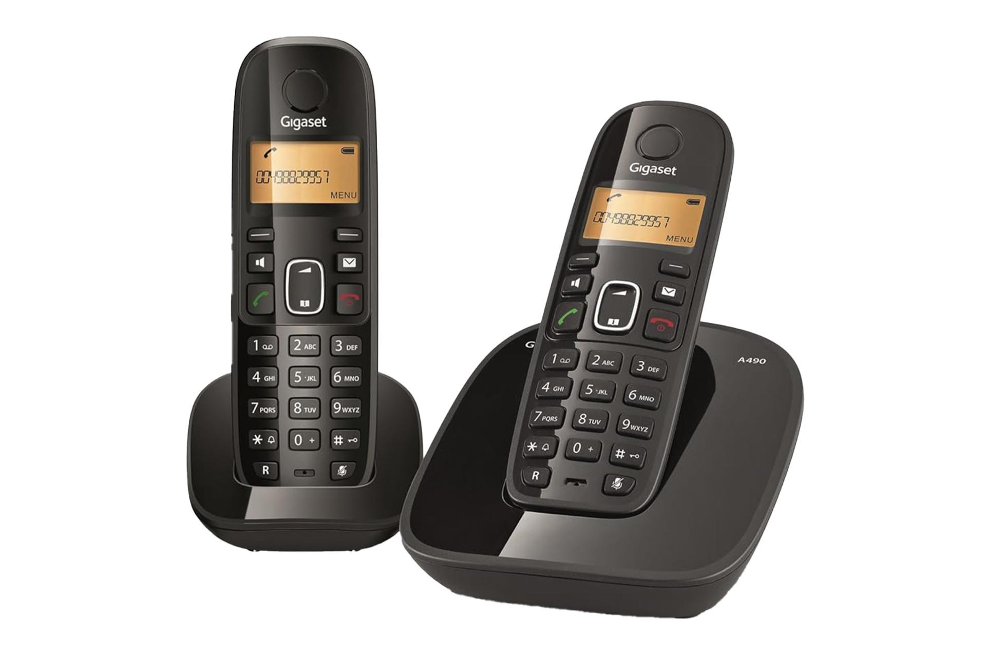 نمای کلی تلفن گیگاست A490 Duo با نمایش پایه و گوشی بی سیم رنگ مشکی