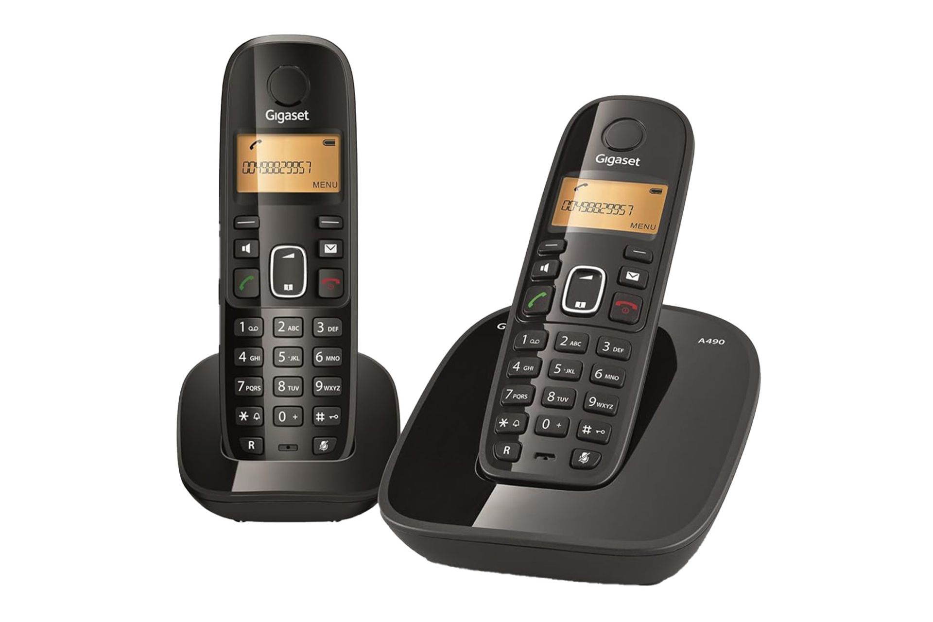 نمای کلی تلفن گیگاست A490 Duo با نمایش پایه و گوشی بی سیم رنگ مشکی