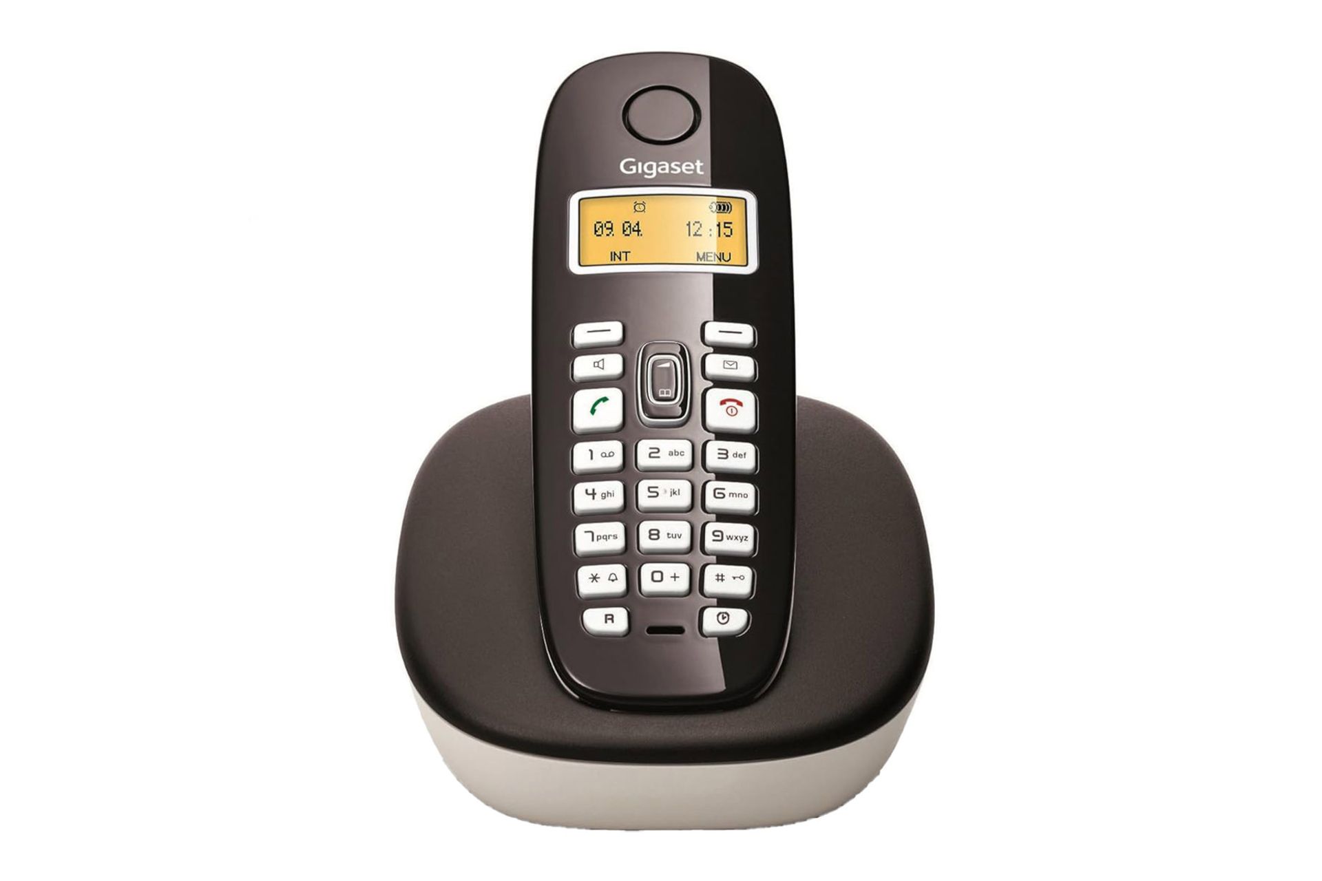 نمای رو به روی تلفن گیگاست A680 با نمایش پایه و گوشی بی سیم رنگ سفید و مشکی