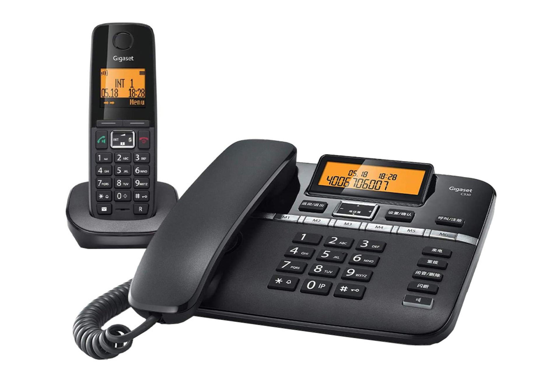 نمای رو به روی تلفن گیگاست C330 با نمایش پایه مستقل و گوشی بی سیم