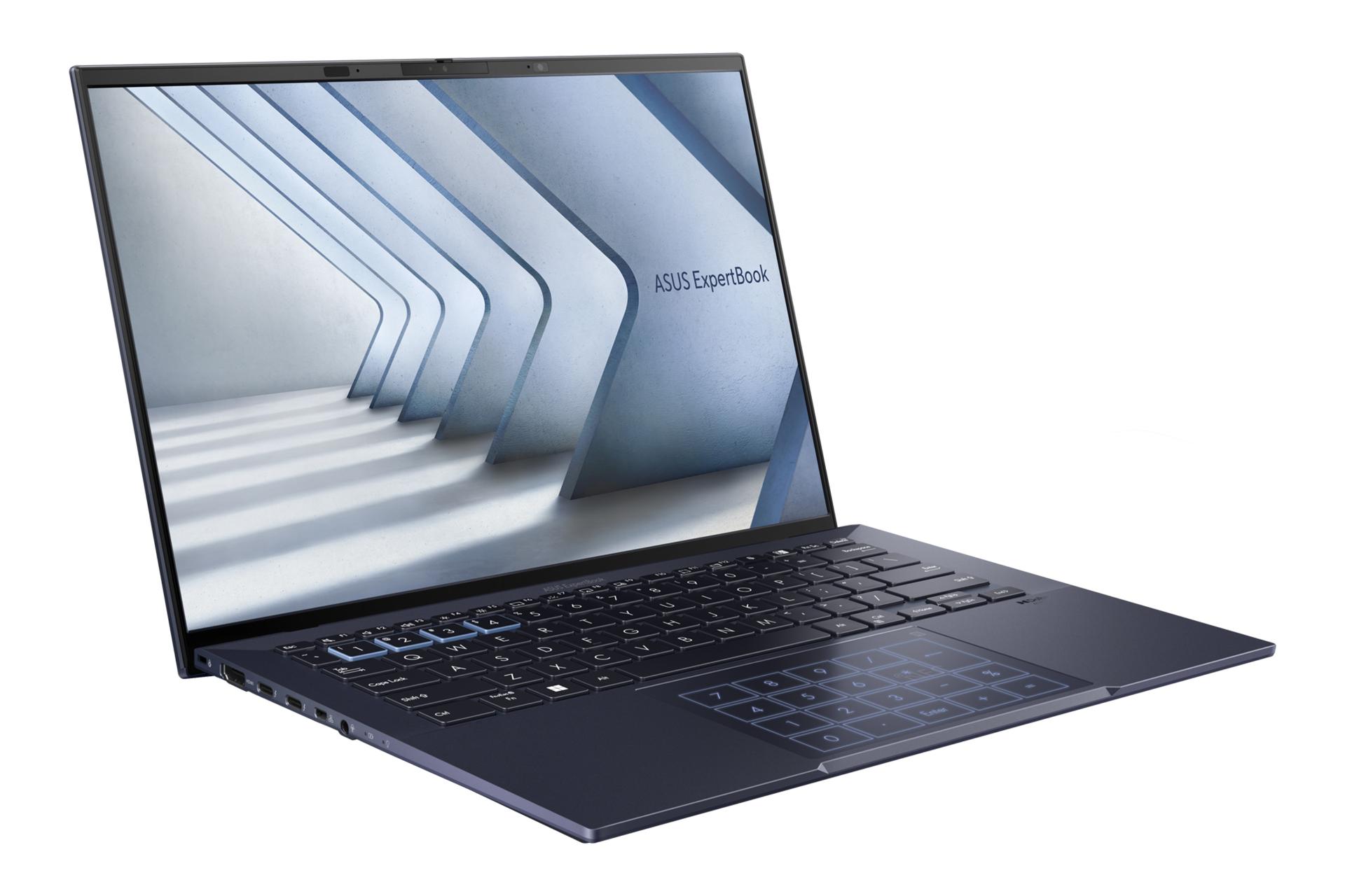 نمای نیمرخ لپ تاپ ExpertBook B9 OLED B9403 ایسوس با نمایش درگاه های لبه سمت چپ