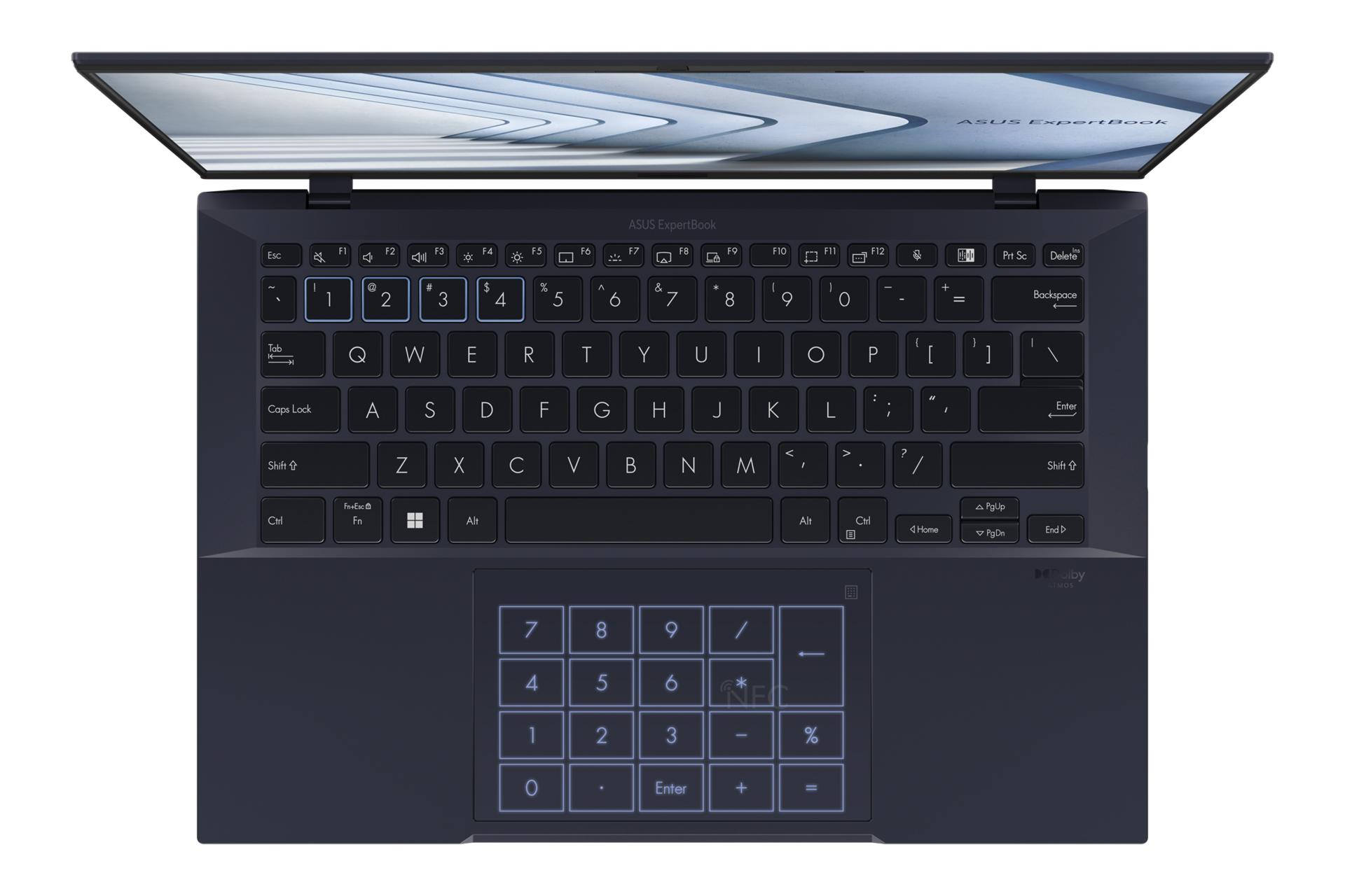 نمای بالای لپ تاپ ExpertBook B9 OLED B9403 ایسوس با نمایش کیبورد و ترک‌پد