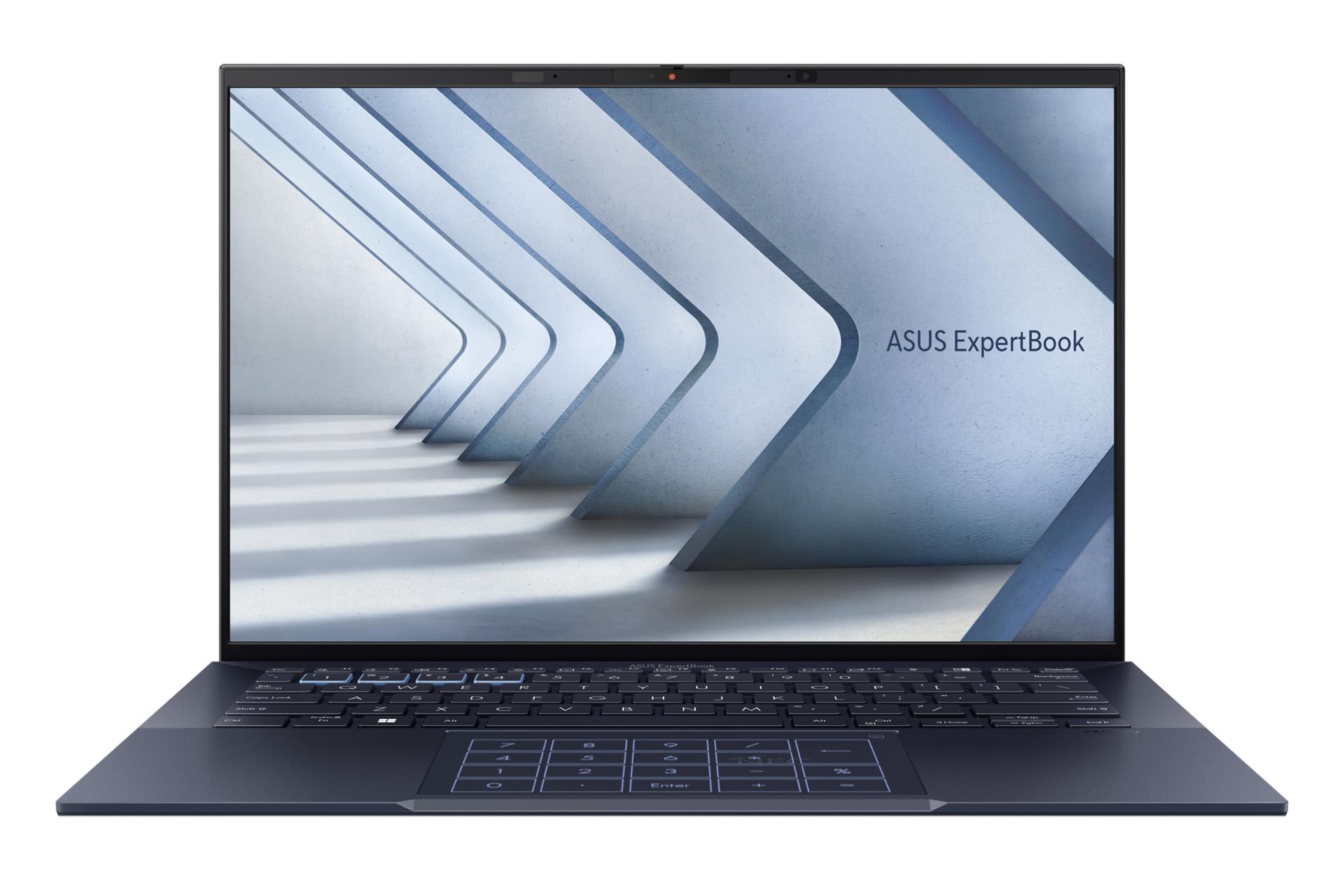 نمای رو به روی لپ تاپ ExpertBook B9 OLED B9403 ایسوس با نمایشگر روشن و نمایش لبه جلو