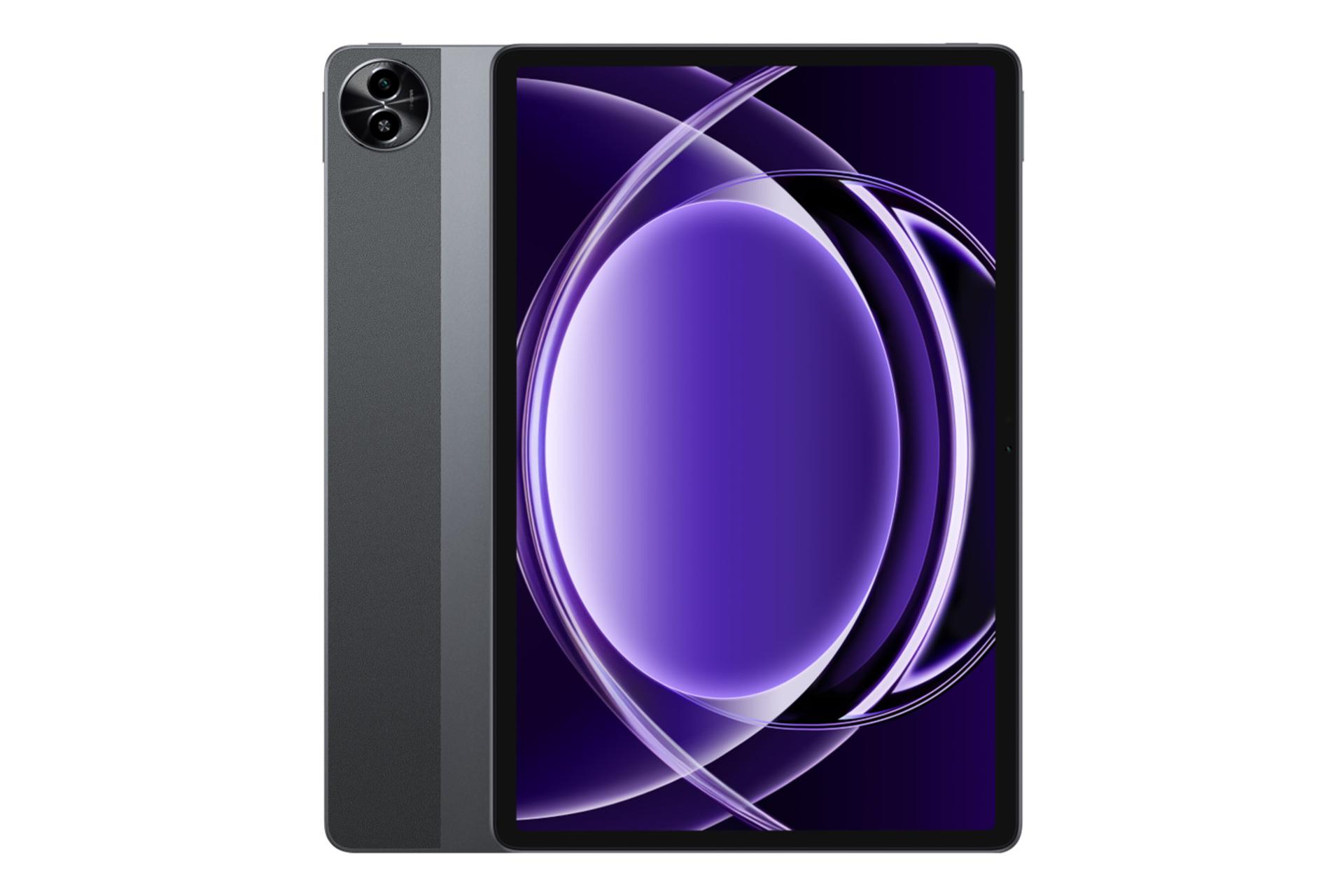 نمای کلی تبلت ریلمی پد 2 لایت / Realme Pad 2 Lite با نمایشگر روشن و نمایش دوربین پنل پشت رنگ خاکستری