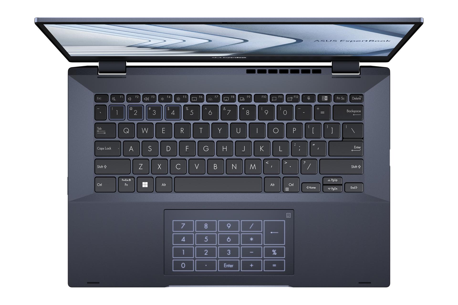 نمای بالای لپ تاپ ExpertBook B5 Flip B5402F ایسوس با نمایش کیبورد و ترک پد