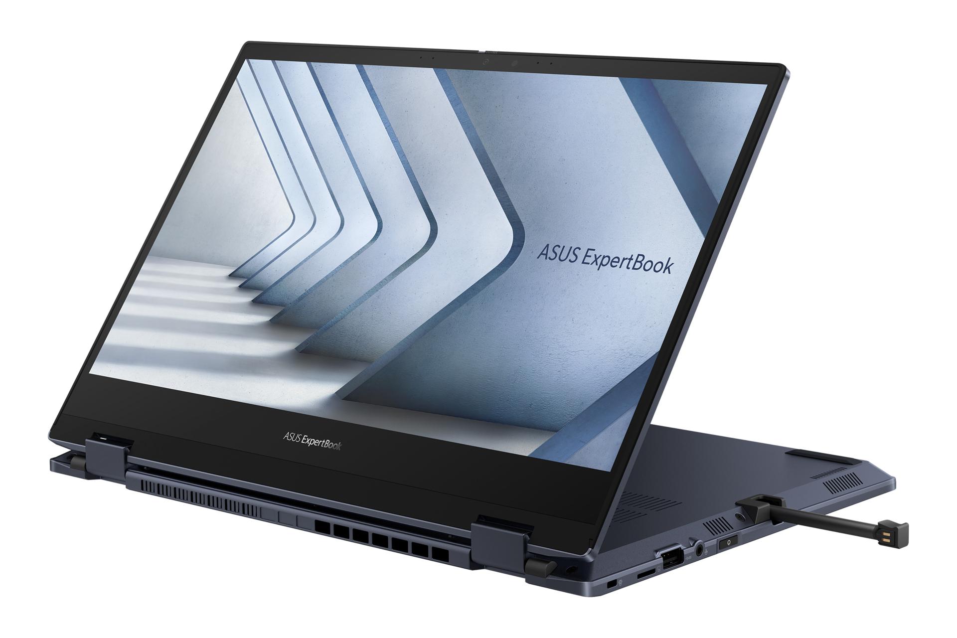 نمای نیمرخ لپ تاپ ExpertBook B5 Flip B5402F ایسوس با نمایش حالت تا شده و استایلوس