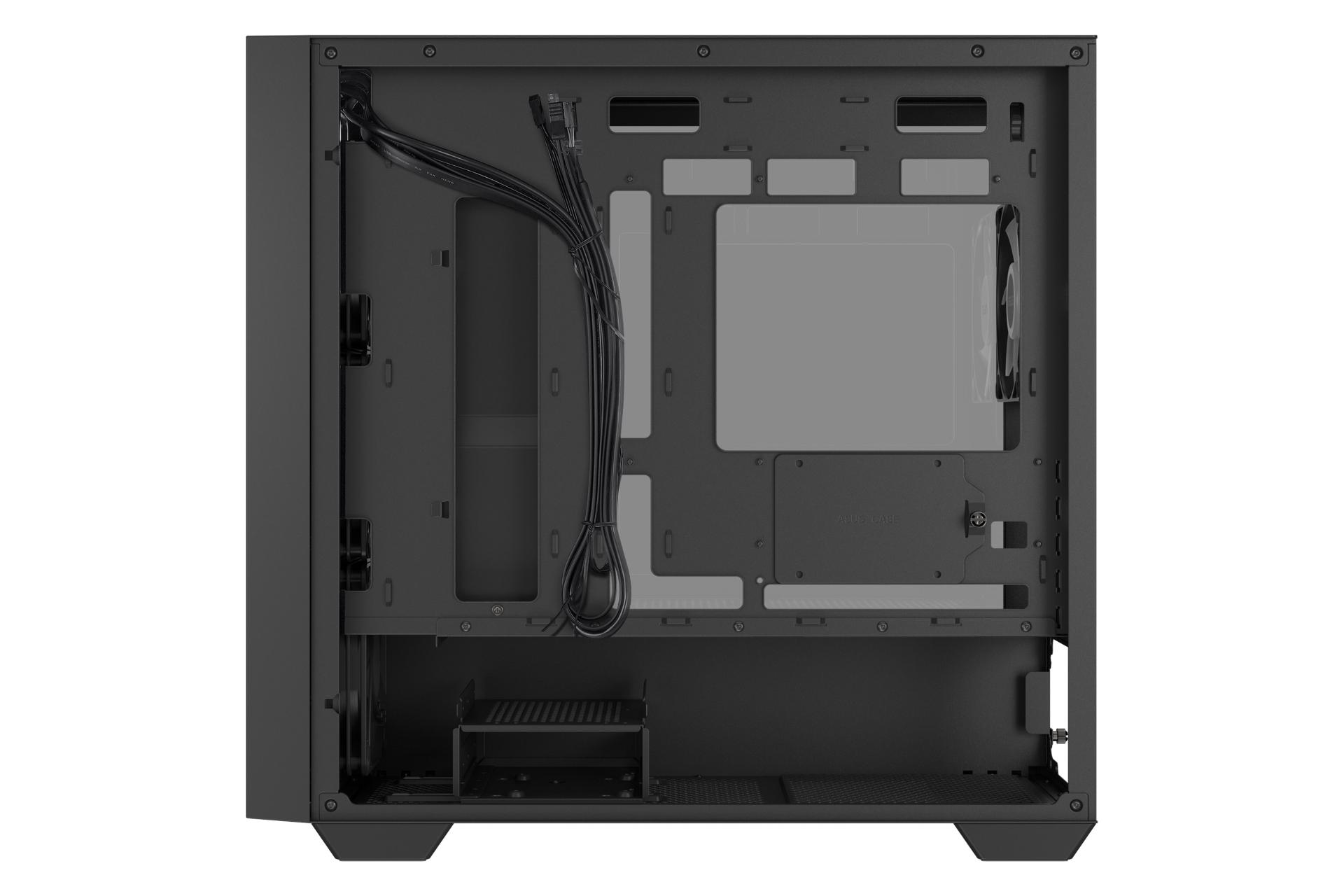 نمای داخلی سمت راست کیس کامپیوتر ایسوس A21 PLUS با نمایش محل نصب پاور و فضای مدیریت کابل رنگ مشکی