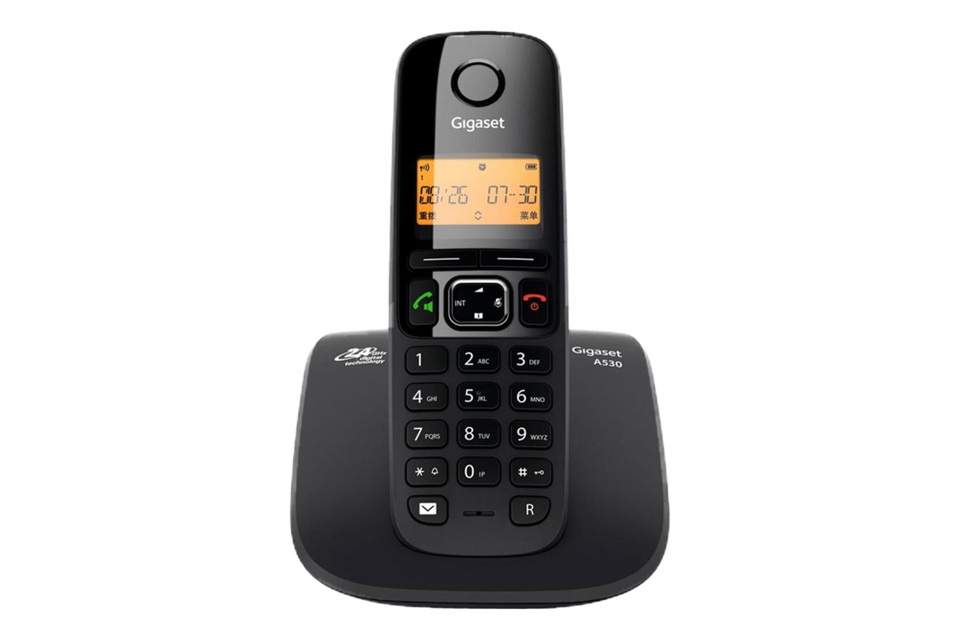 نمای رو به روی تلفن گیگاست A530 Duo با نمایش گوشی بی سیم رنگ مشکی