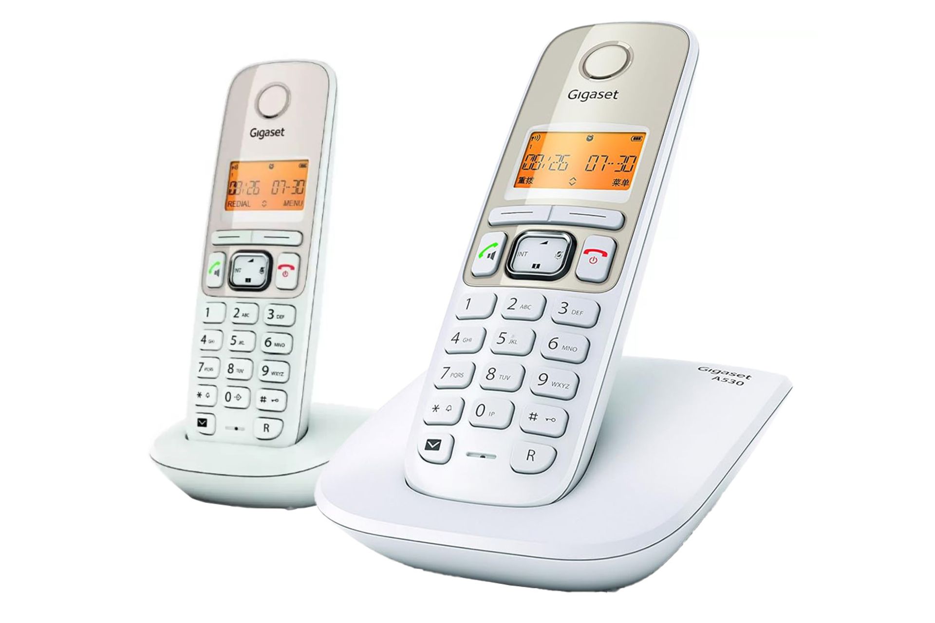 نمای کلی تلفن گیگاست A530 Duo با نمایش پایه اصلی و گوشی های بی سیم رنگ سفید