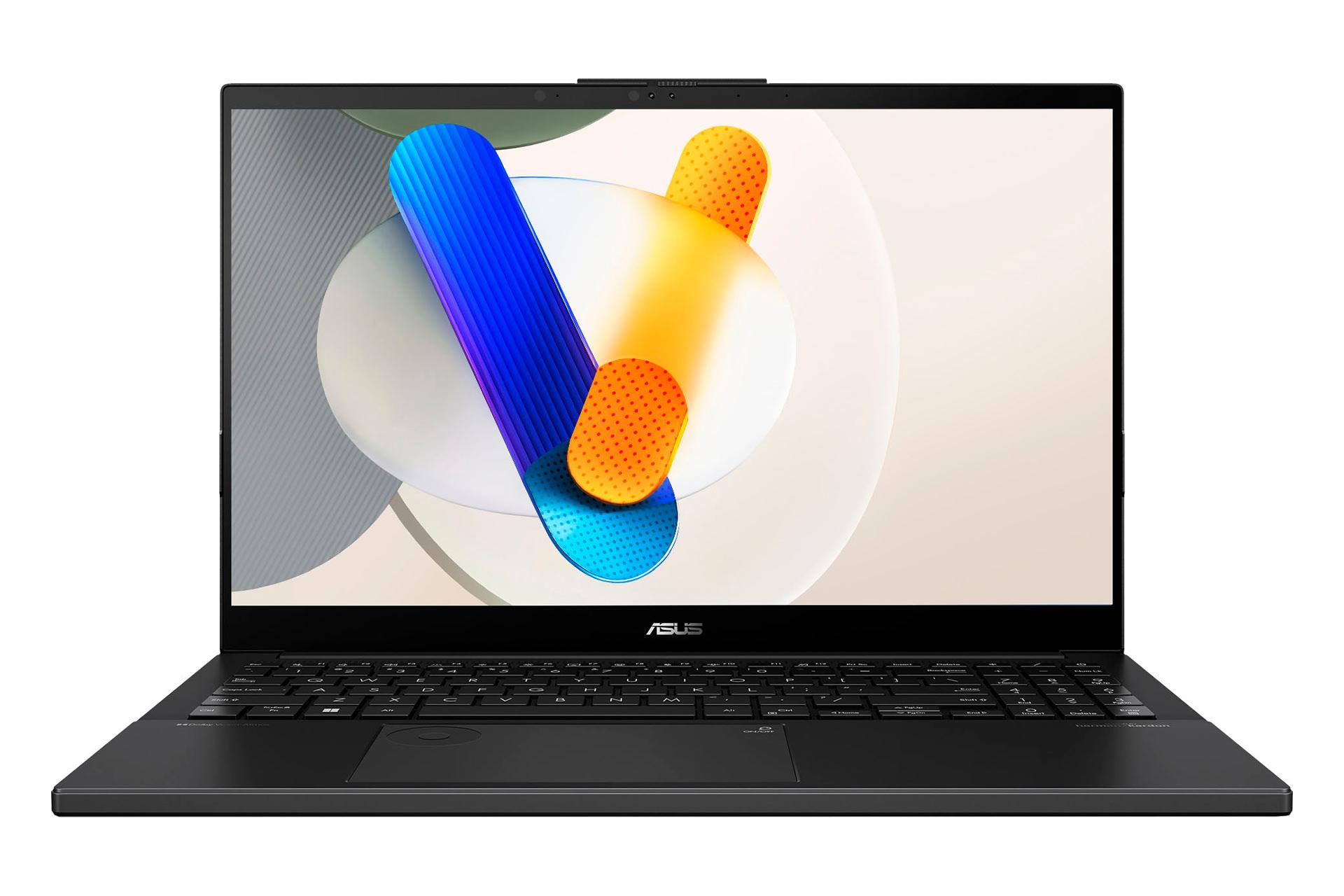 مرجع متخصصين ايران نماي رو به روي لپ تاپ Vivobook Pro 15 OLED Q533MJ ايسوس با نمايشگر روشن و نمايش لوگو و لبه جلو