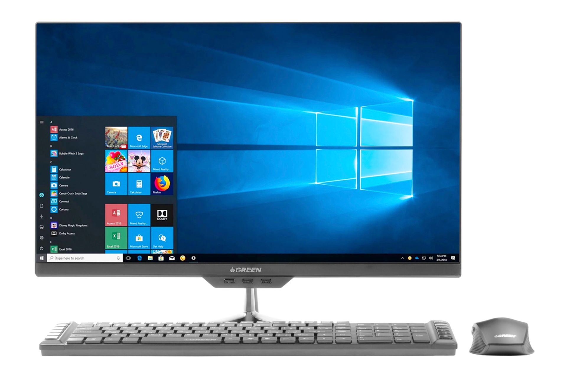 نمای رو به روی کامپیوتر همه کاره GX424 گرین با نمایشگر روشن و نمایش ماوس و کیبورد رنگ مشکی